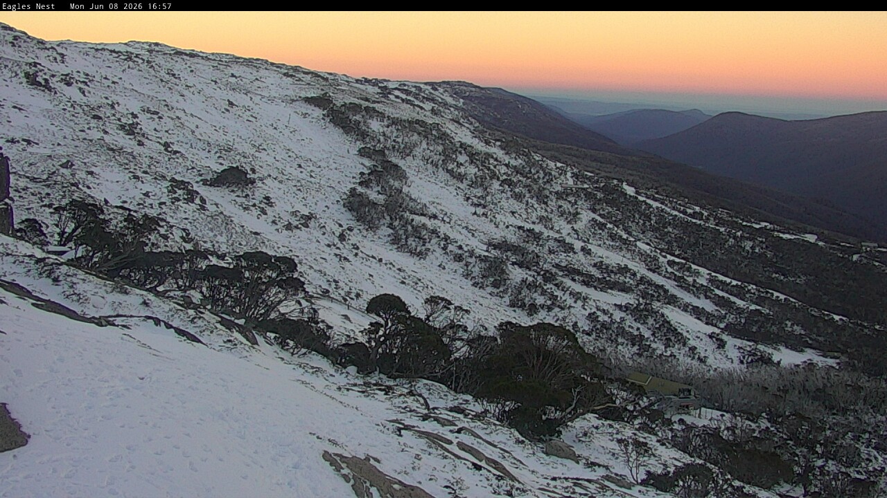 Thredbo Central Spur snow cam captured at 8 June 2026 at 4:59 pm AEST