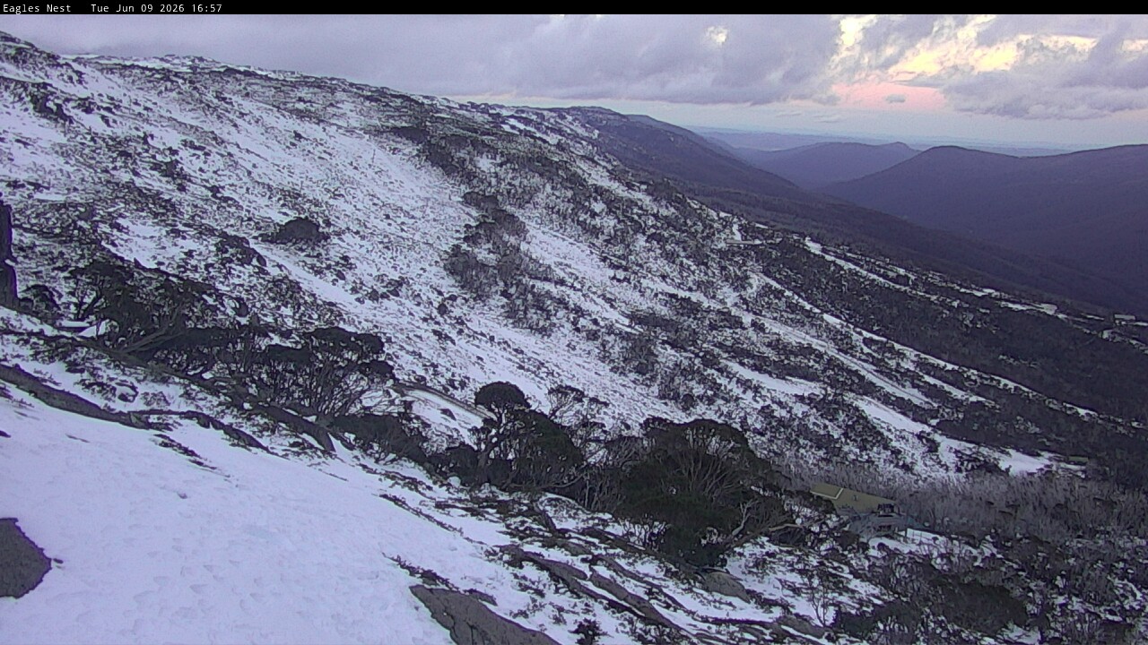 Thredbo Central Spur snow cam captured at 9 June 2026 at 4:58 pm AEST