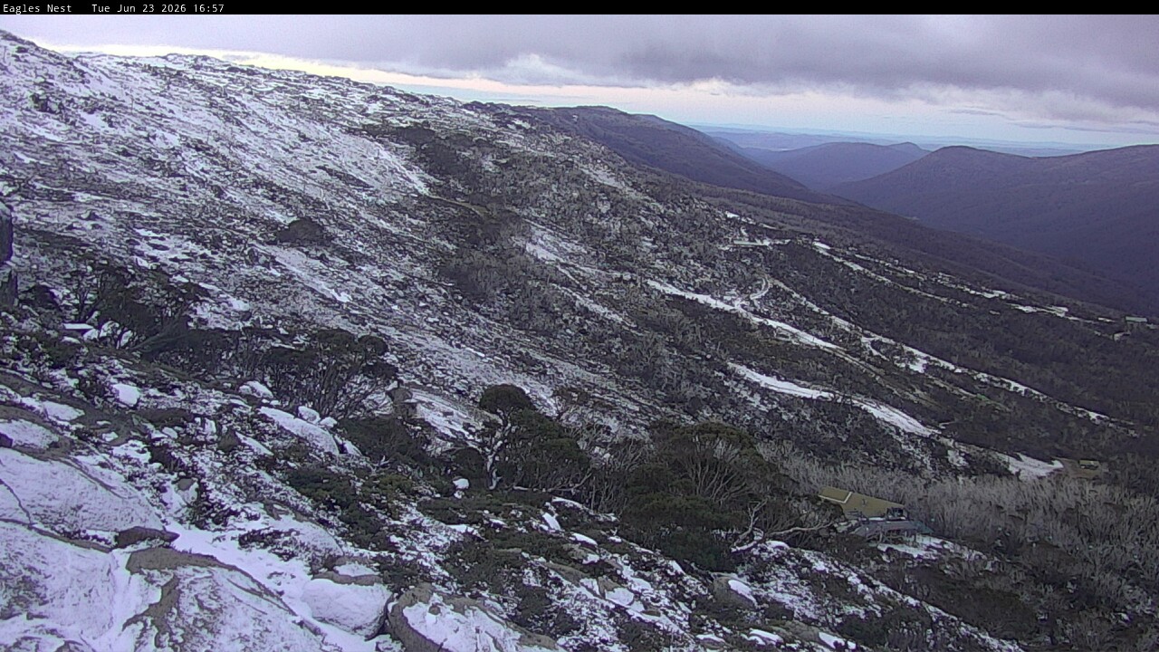 Thredbo Central Spur snow cam captured at 23 June 2026 at 4:58 pm AEST