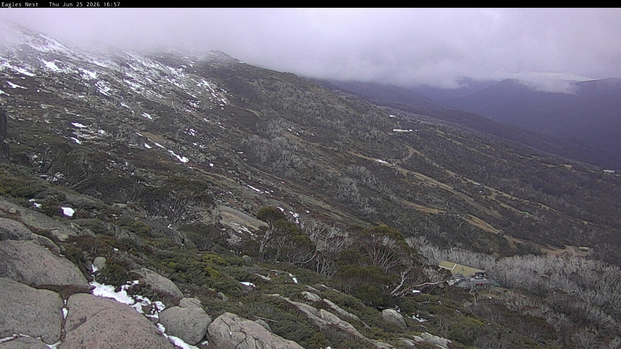 Thredbo Central Spur snow cam captured at 25 June 2026 at 4:58 pm AEST