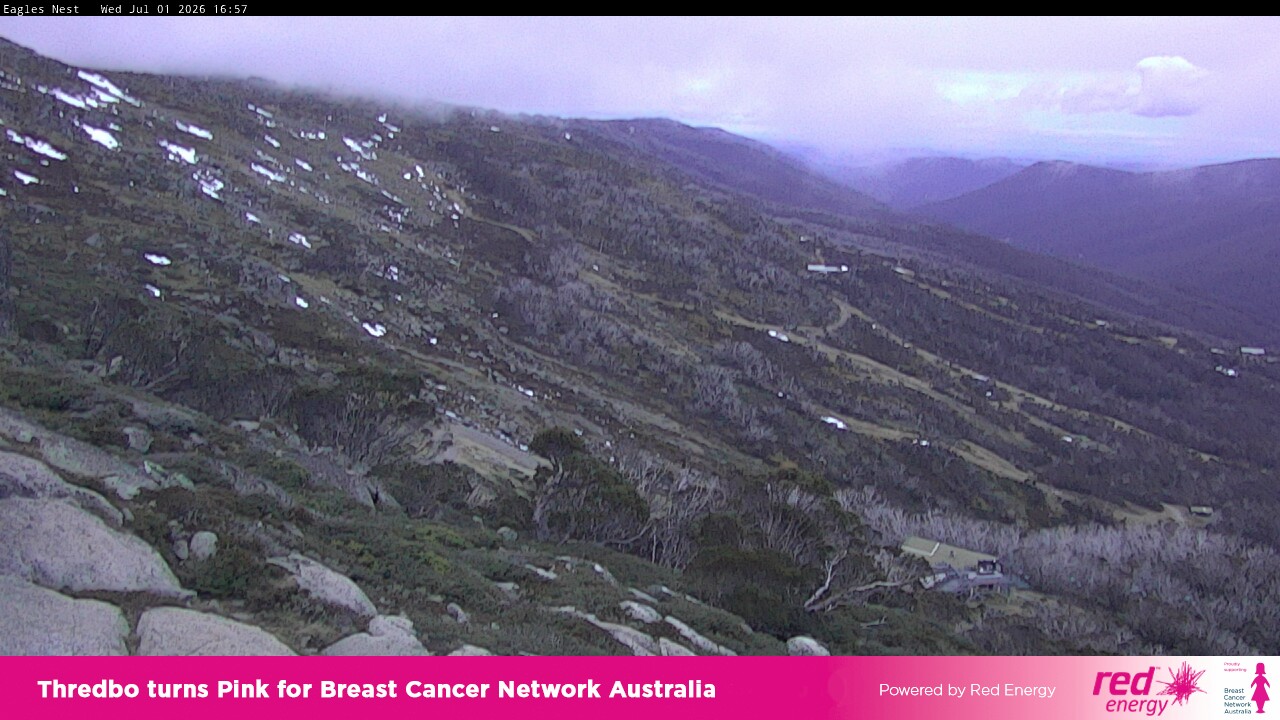 Thredbo Central Spur snow cam captured at 1 July 2026 at 4:59 pm AEST