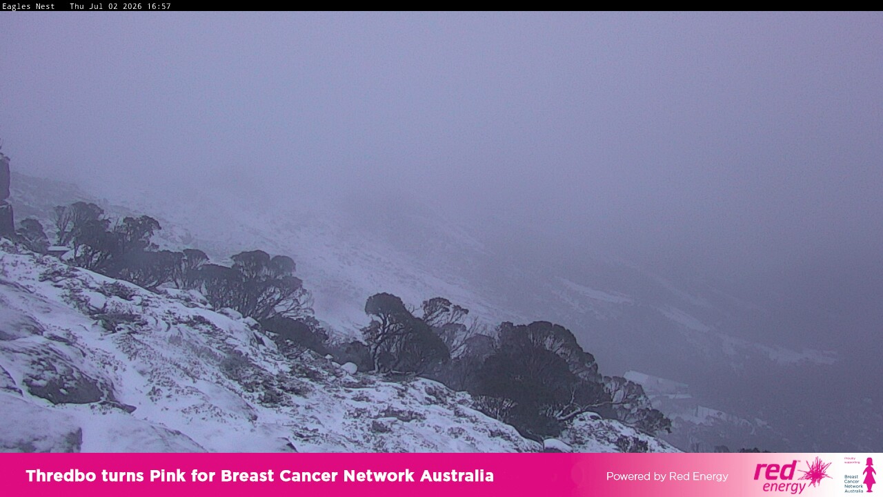Thredbo Central Spur snow cam captured at 2 July 2026 at 5:06 pm AEST