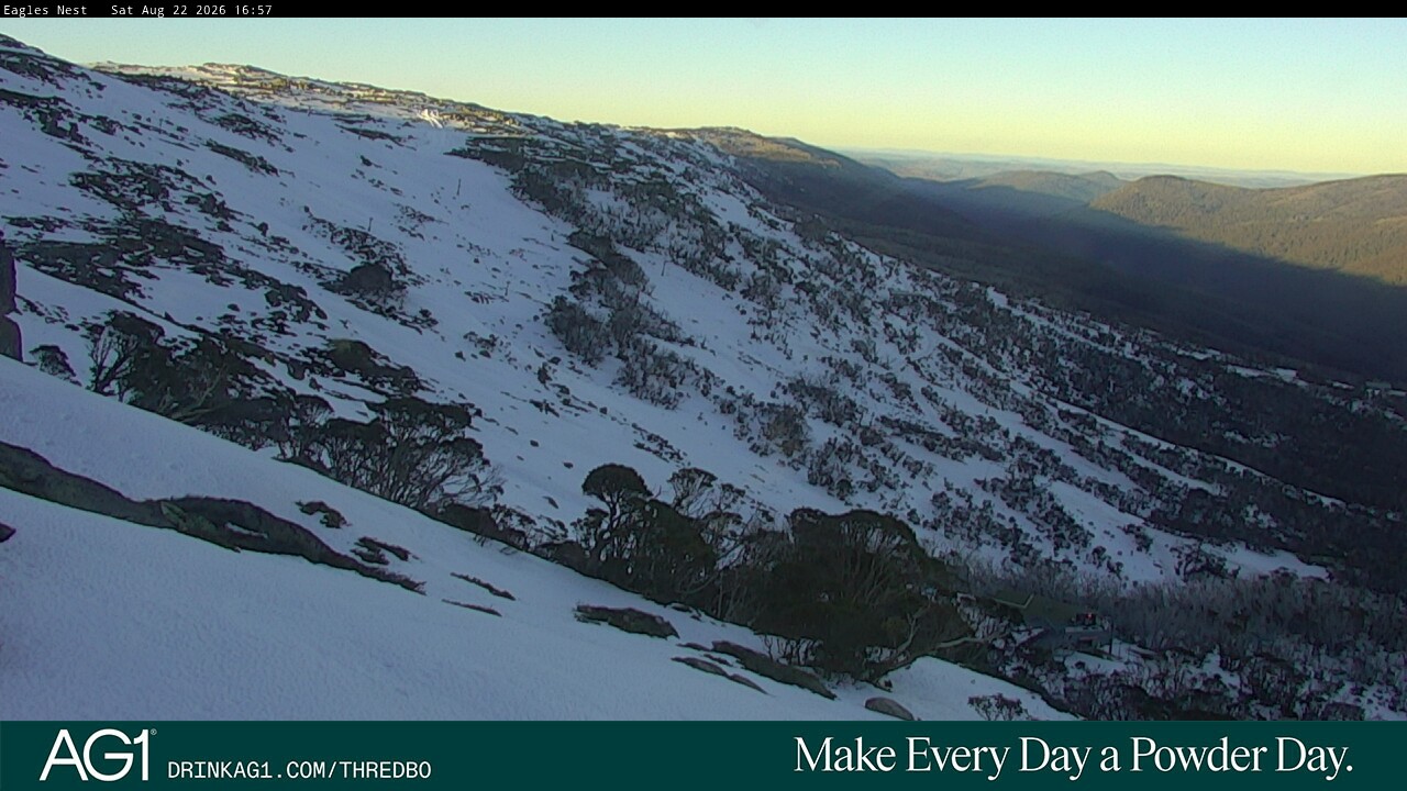 Thredbo Central Spur snow cam captured at 22 August 2026 at 5:04 pm AEST