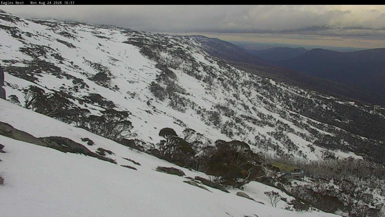 Thredbo Central Spur snow cam captured at 24 August 2026 at 5:06 pm AEST