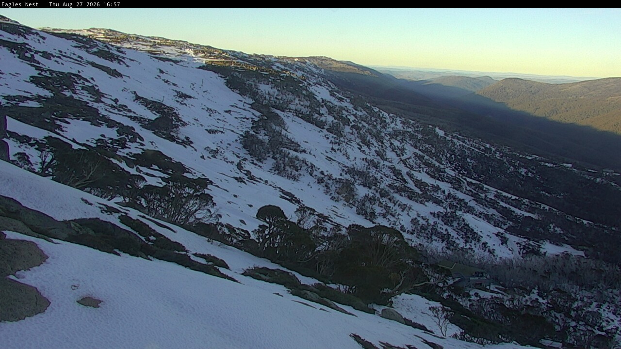 Thredbo Central Spur snow cam captured at 27 August 2026 at 4:58 pm AEST