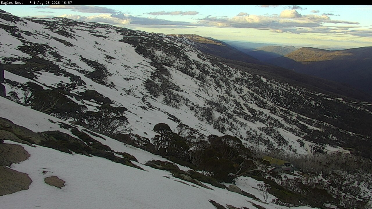 Thredbo Central Spur snow cam captured at 28 August 2026 at 4:59 pm AEST