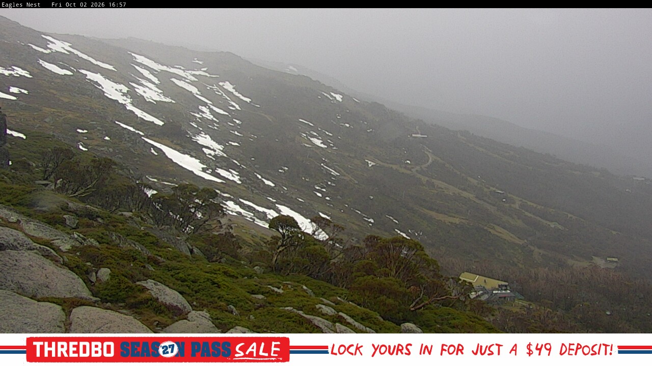 Thredbo Central Spur snow cam captured at 2 October 2026 at 5:07 pm AEST