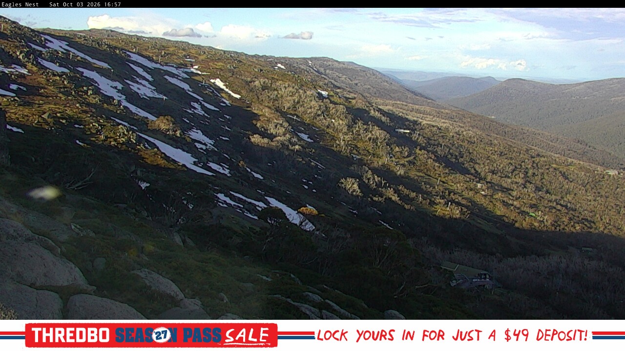 Thredbo Central Spur snow cam captured at 3 October 2026 at 5:08 pm AEST