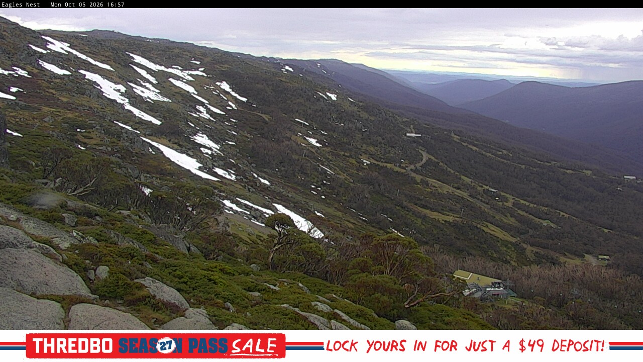 Thredbo Central Spur snow cam captured at 5 October 2026 at 5:05 pm AEDT