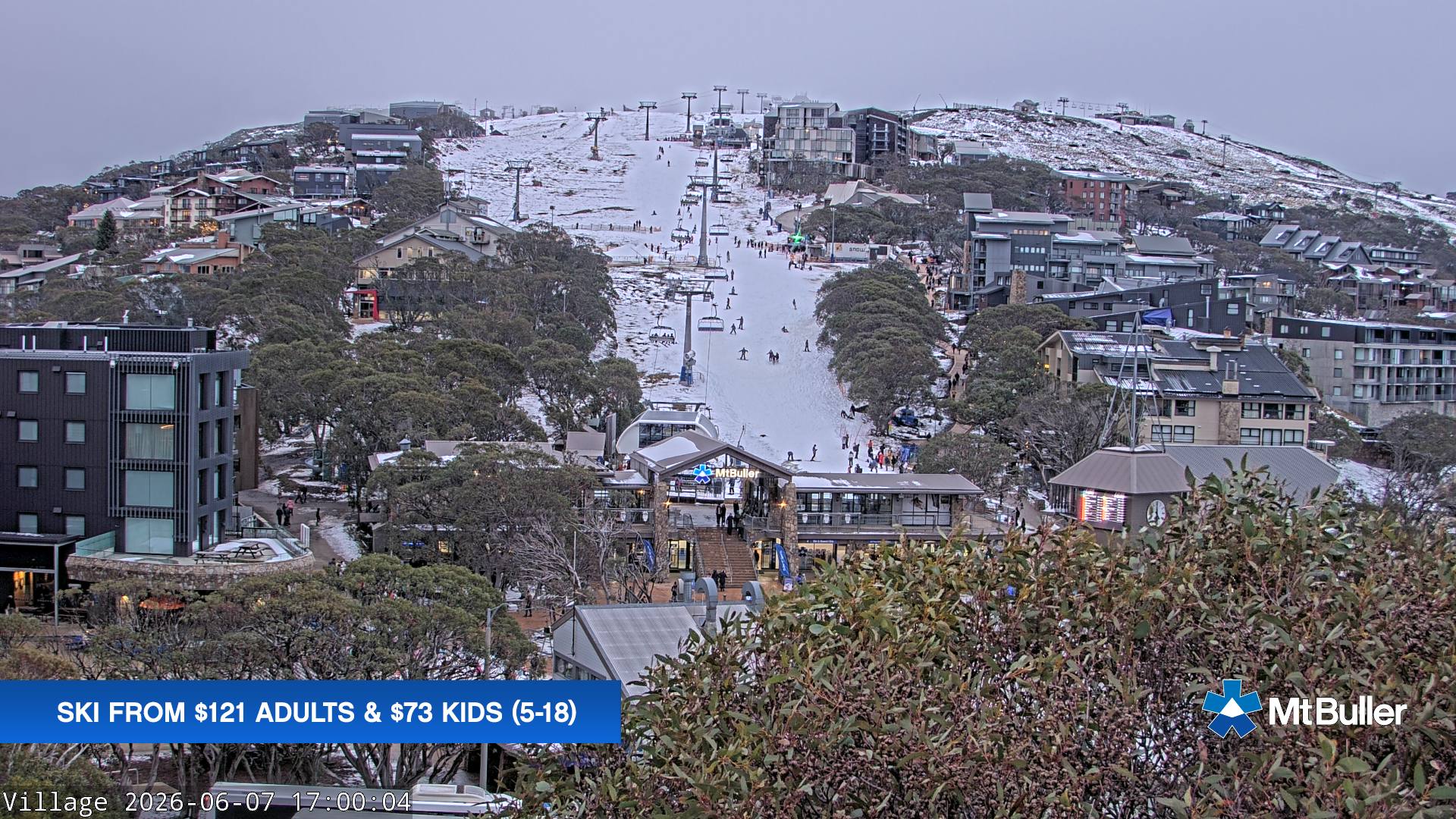 Mt Buller Village snow cam captured at 7 June 2026 at 11:05 pm AEST