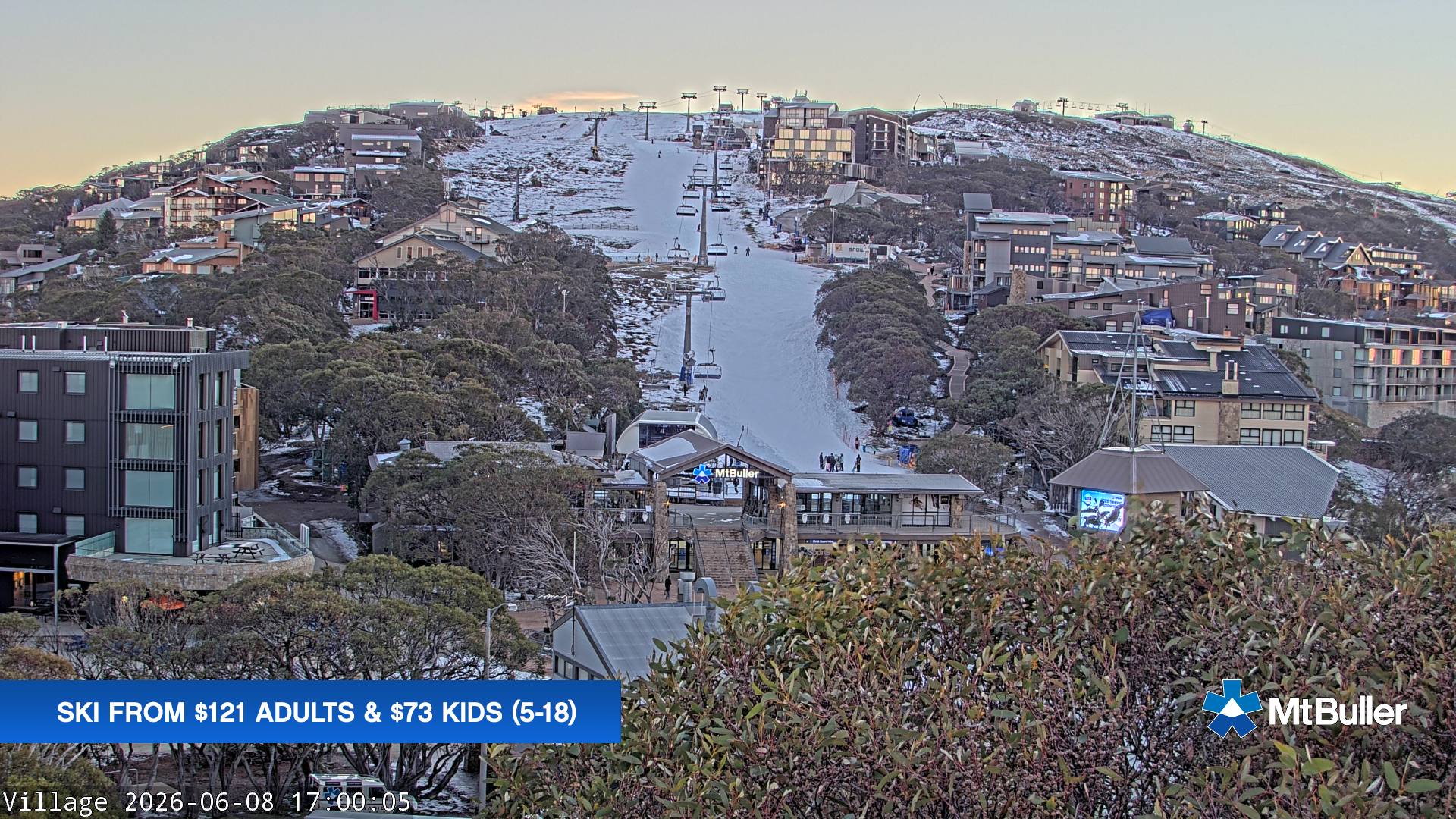 Mt Buller Village snow cam captured at 8 June 2026 at 5:05 pm AEST