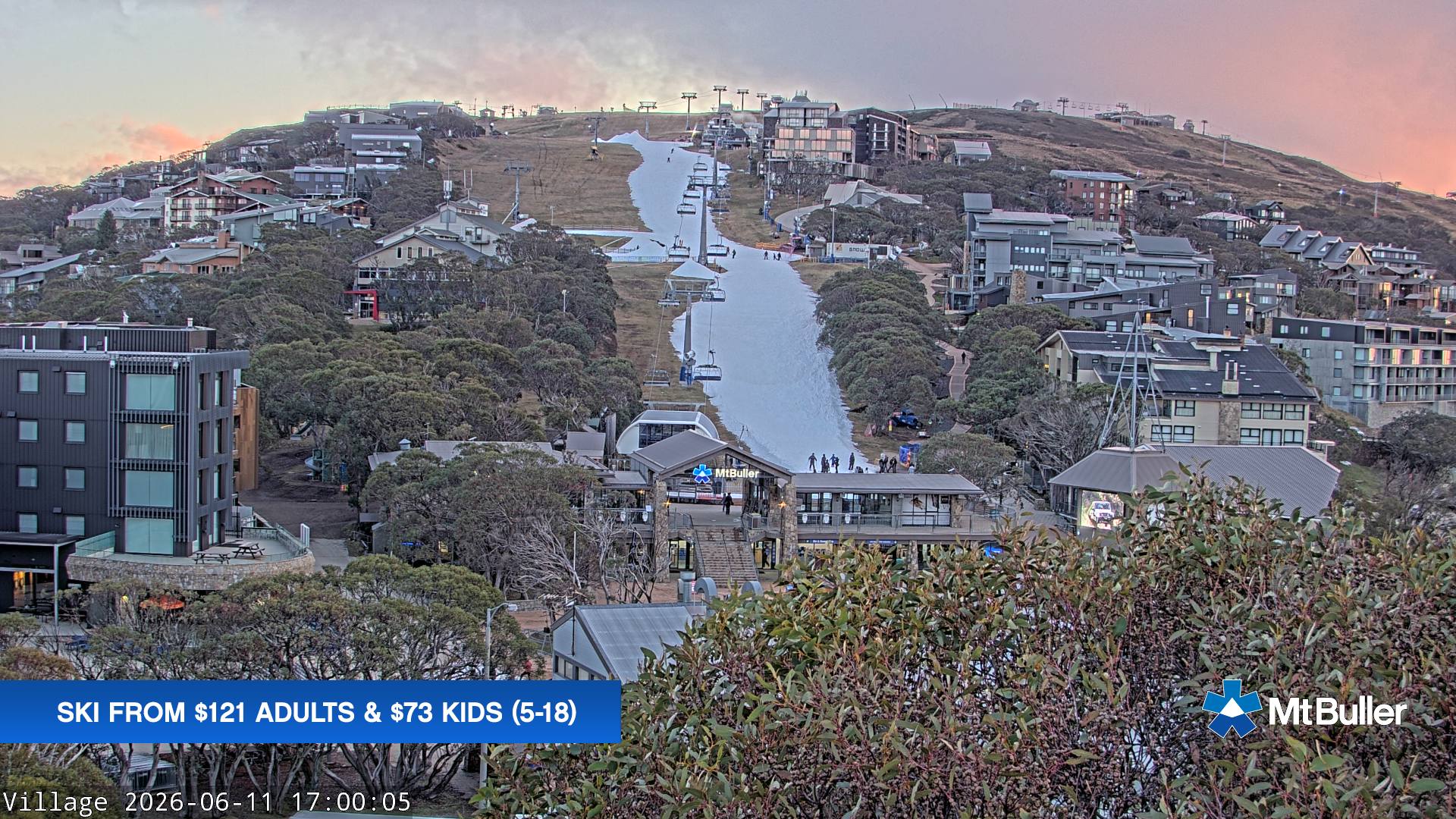 Mt Buller Village snow cam captured at 11 June 2026 at 5:02 pm AEST