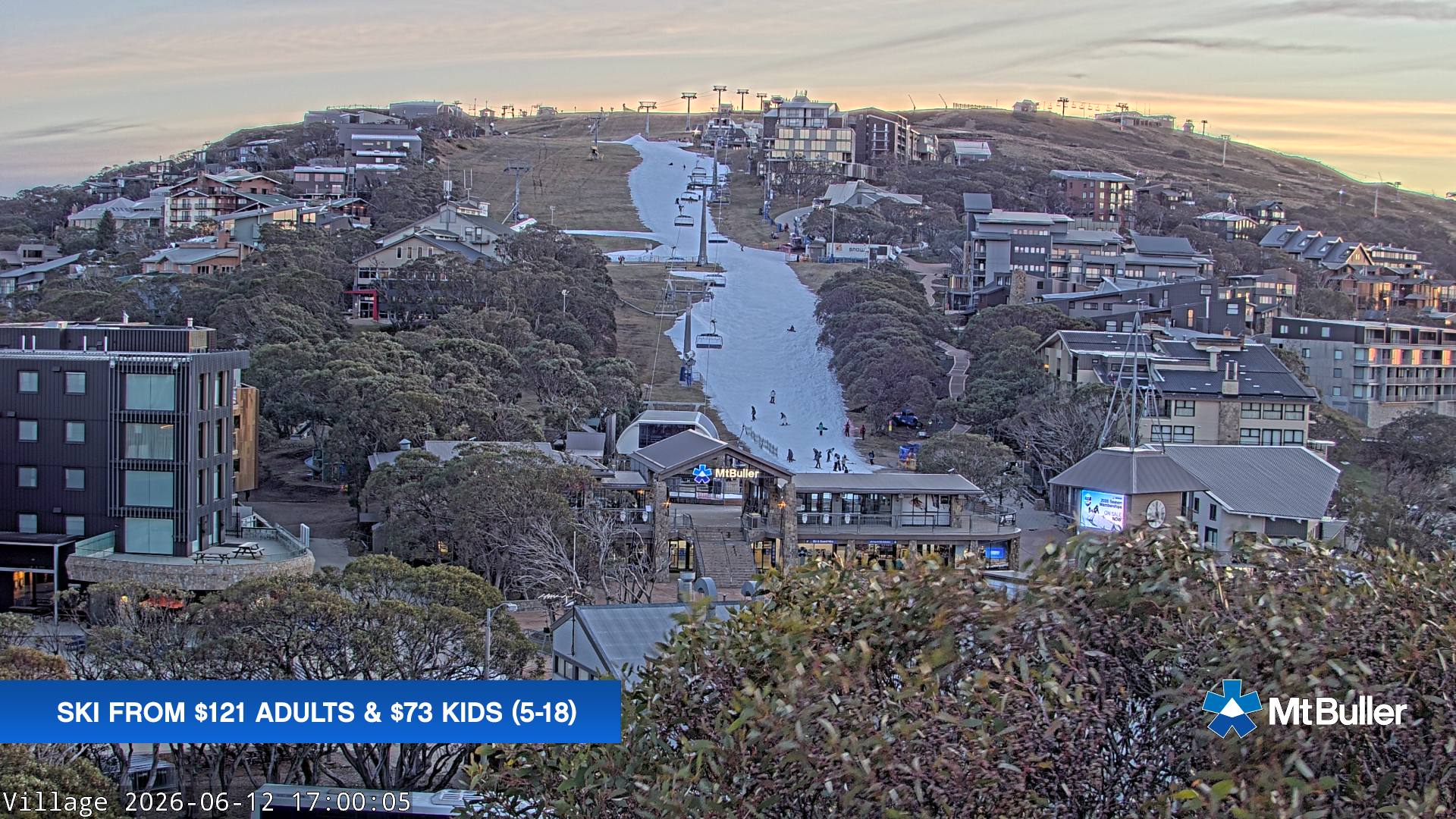 Mt Buller Village snow cam captured at 12 June 2026 at 5:02 pm AEST