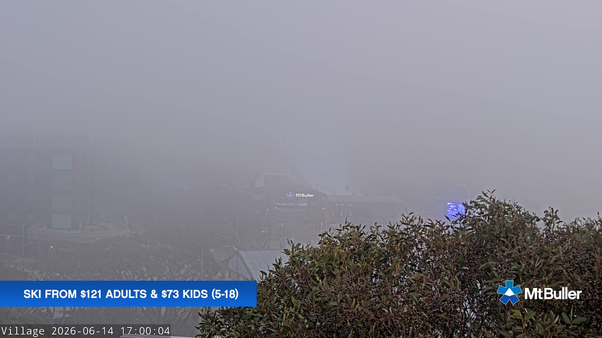Mt Buller Village snow cam captured at 14 June 2026 at 5:01 pm AEST