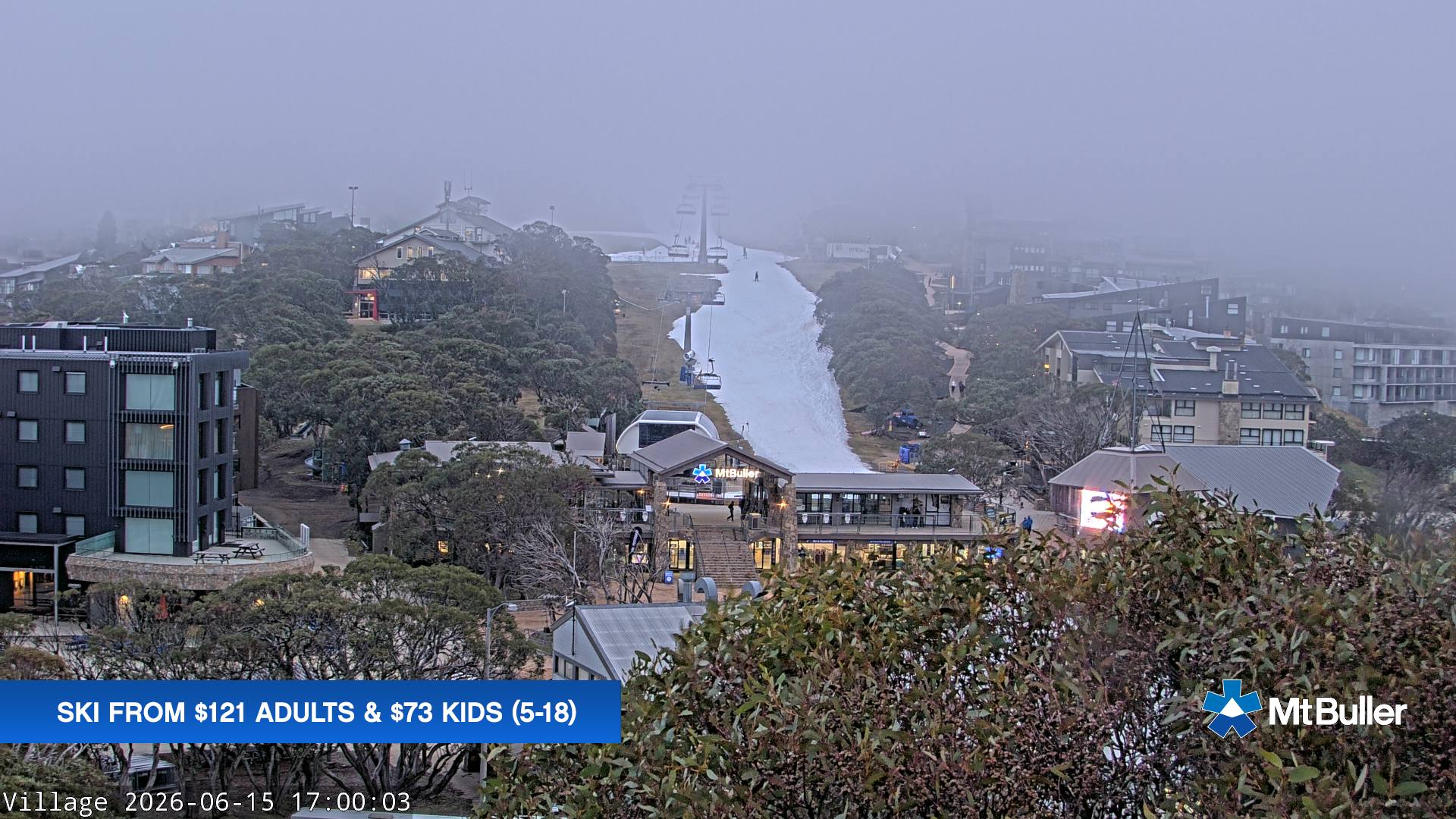 Mt Buller Village snow cam captured at 15 June 2026 at 5:01 pm AEST