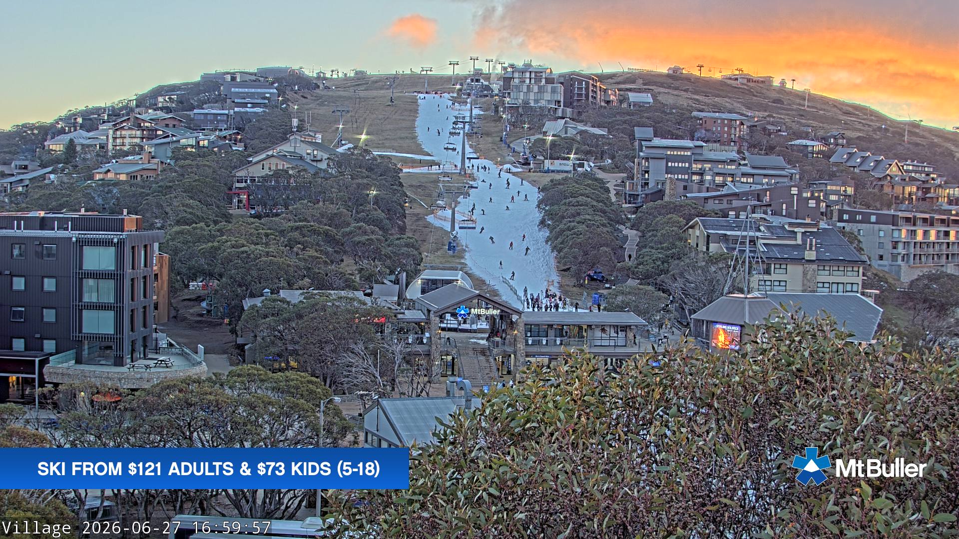 Mt Buller Village snow cam captured at 27 June 2026 at 11:55 pm AEST