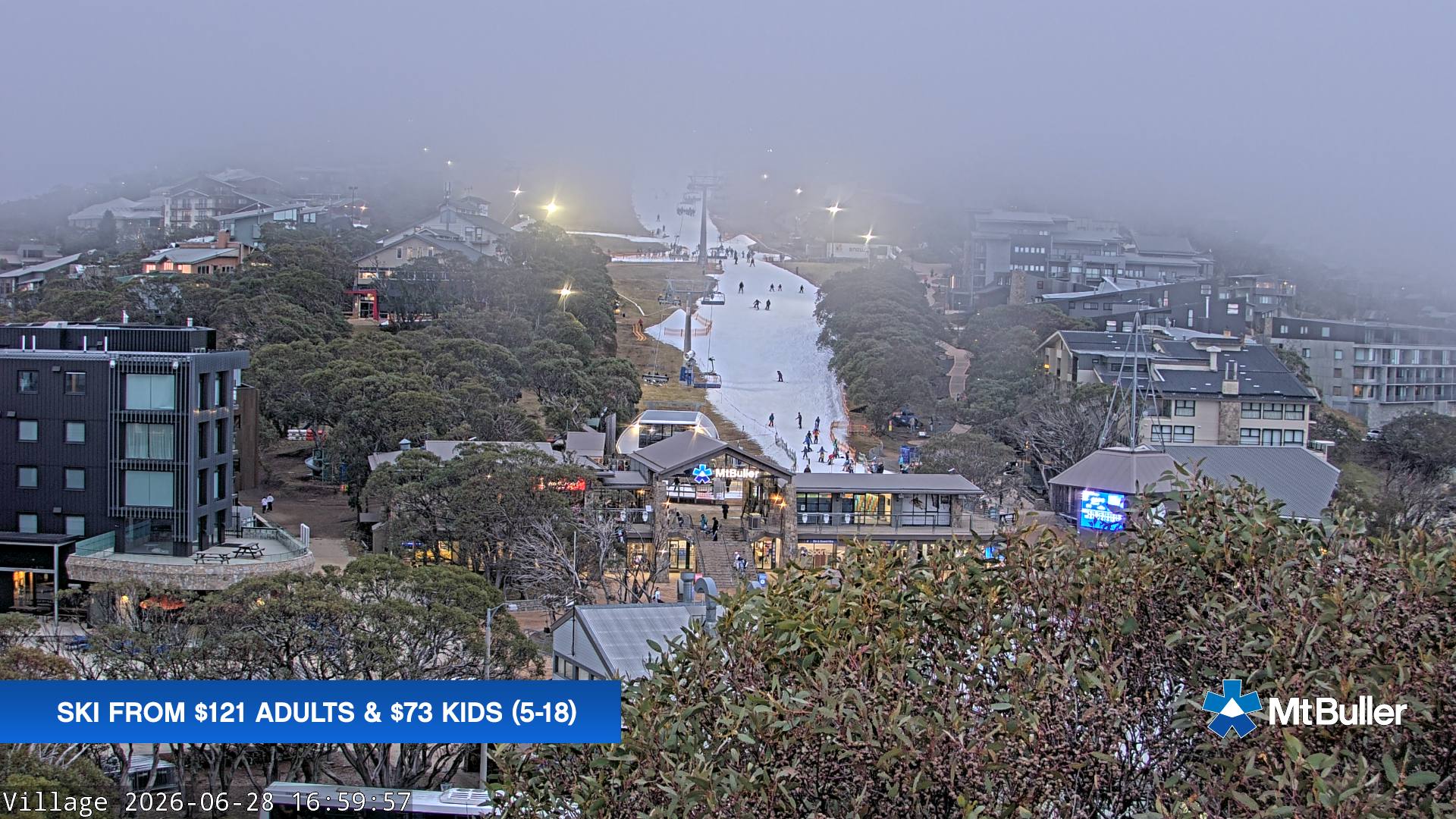Mt Buller Village snow cam captured at 28 June 2026 at 5:01 pm AEST