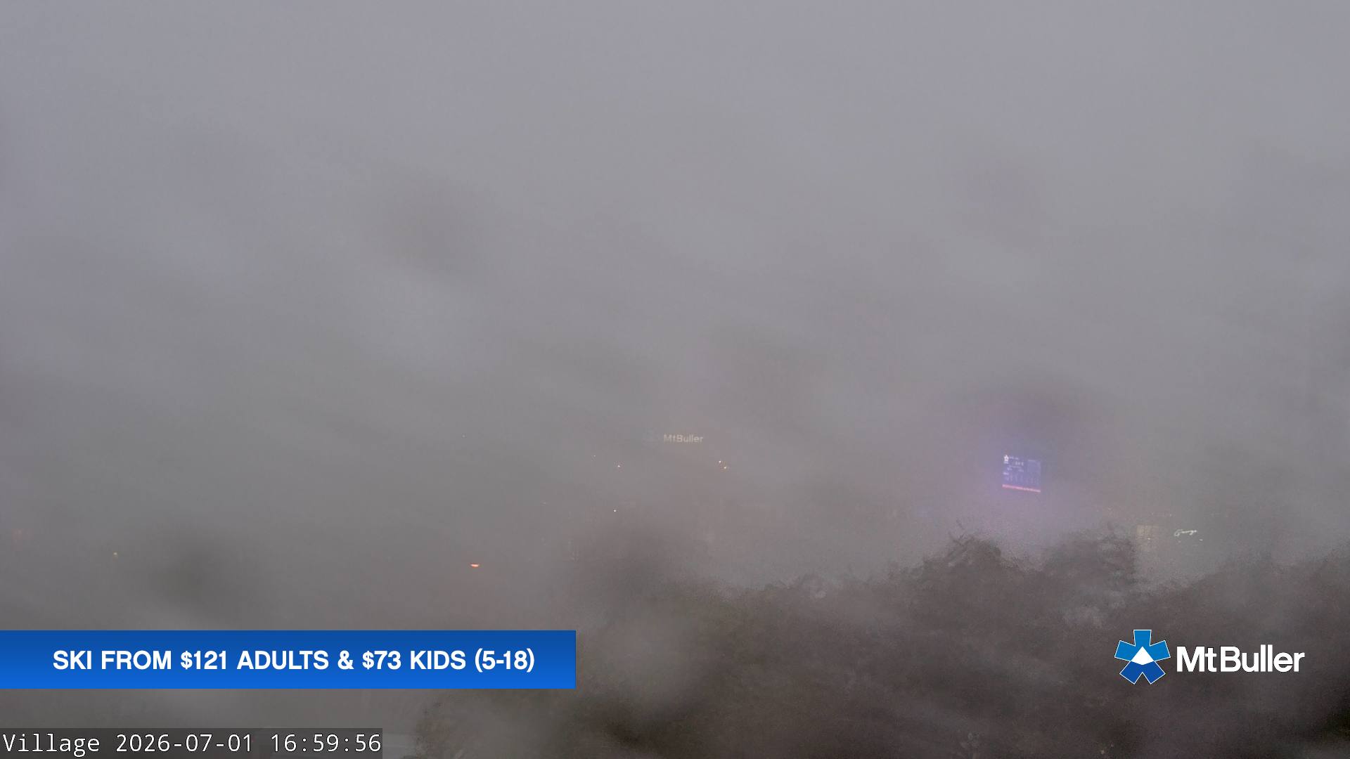 Mt Buller Village snow cam captured at 1 July 2026 at 5:05 pm AEST