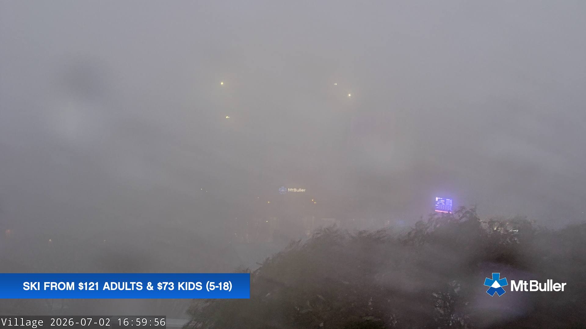 Mt Buller Village snow cam captured at 2 July 2026 at 5:06 pm AEST