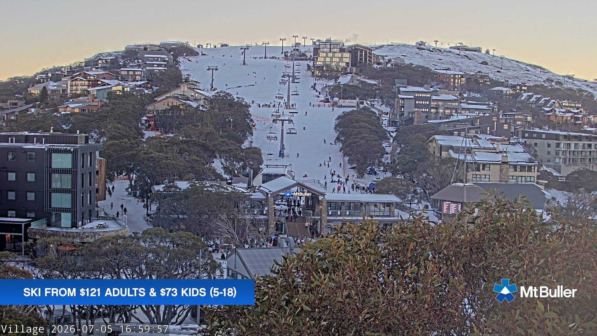 Mt Buller Village snow cam captured at 5 July 2026 at 5:08 pm AEST