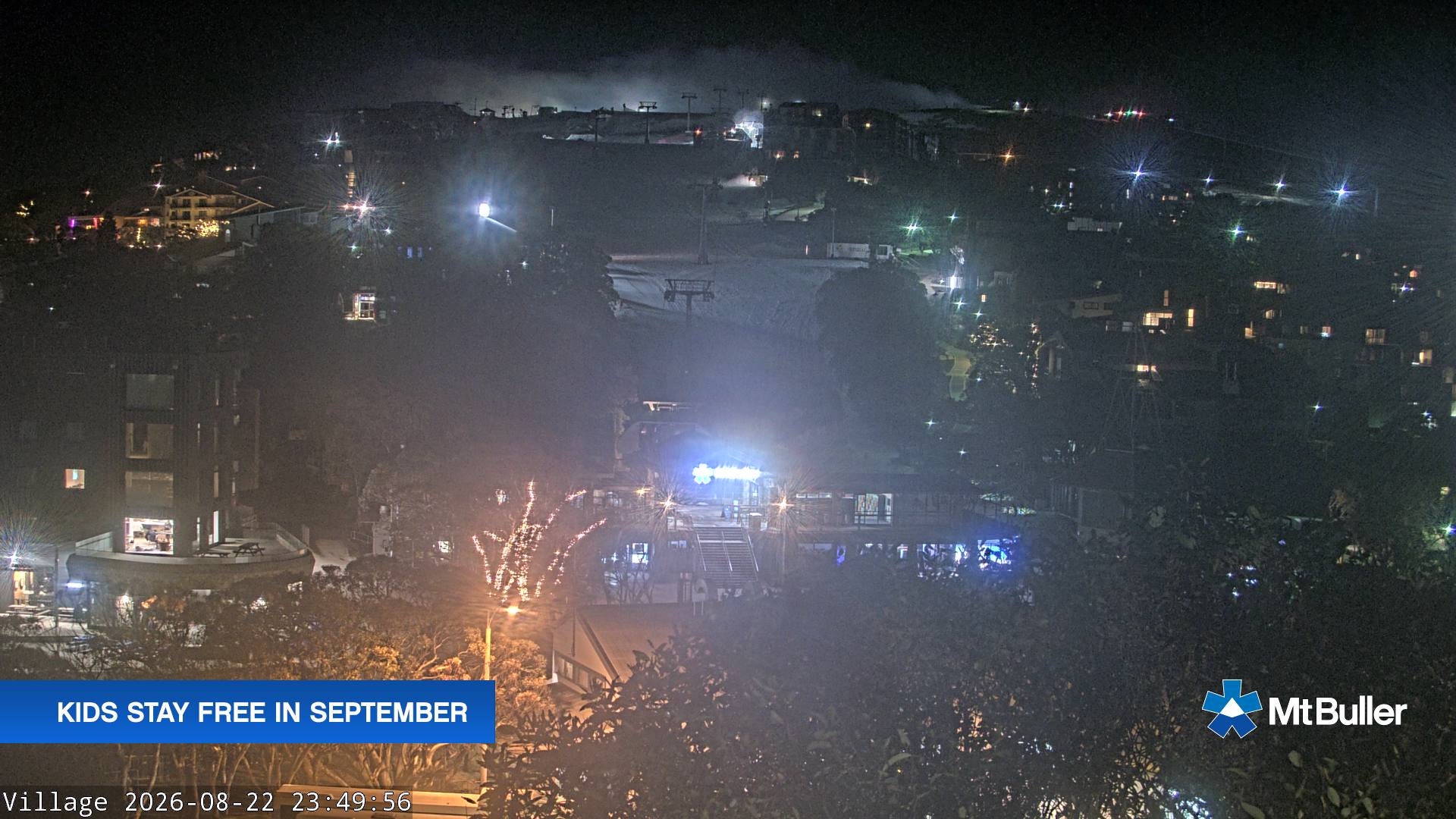 Mt Buller Village snow cam captured at 22 August 2026 at 11:53 pm AEST