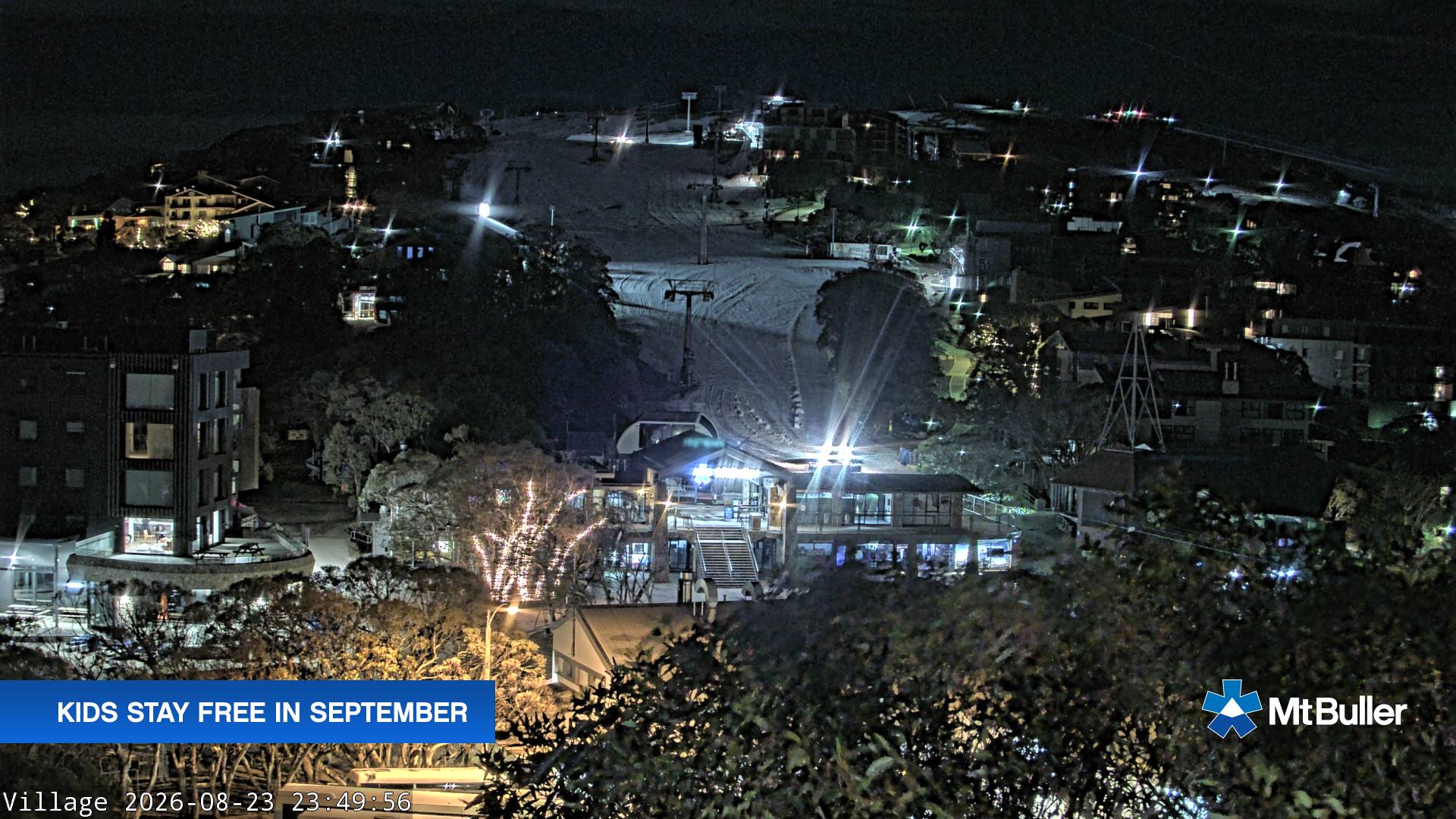 Mt Buller Village snow cam captured at 23 August 2026 at 11:54 pm AEST