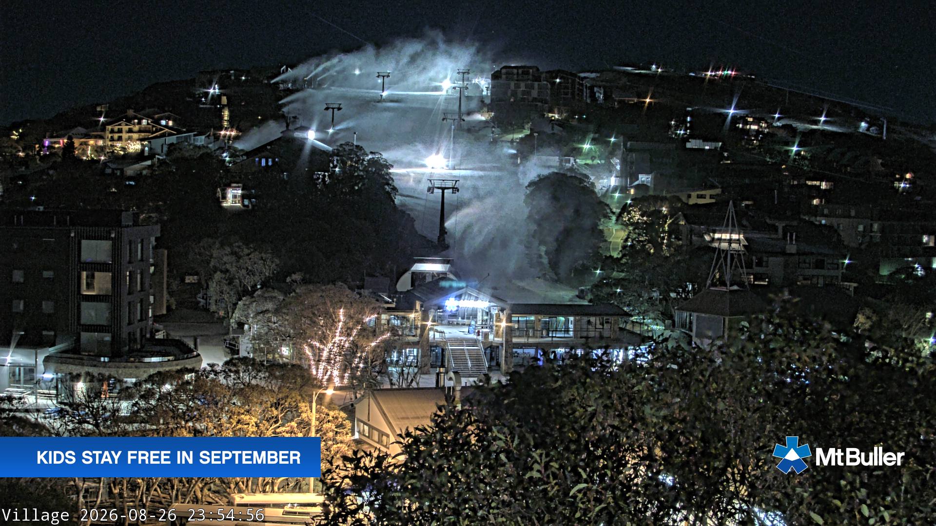 Mt Buller Village snow cam captured at 26 August 2026 at 11:57 pm AEST