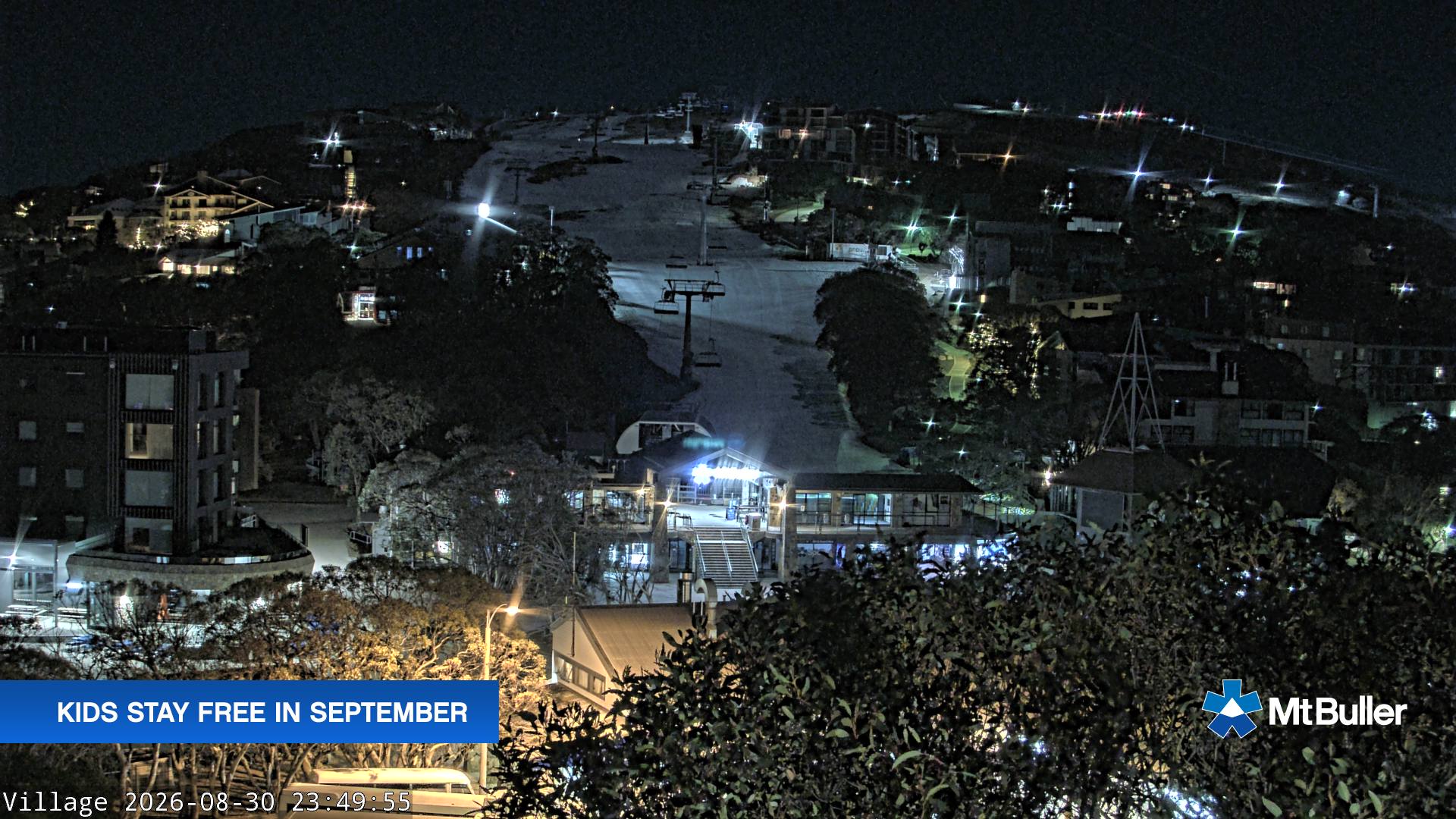 Mt Buller Village snow cam captured at 30 August 2026 at 11:50 pm AEST