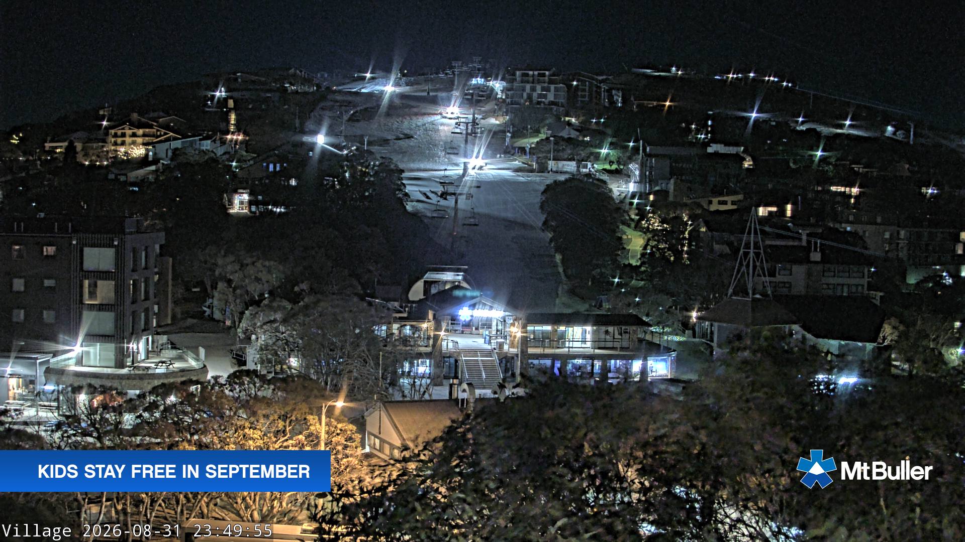 Mt Buller Village snow cam captured at 31 August 2026 at 11:51 pm AEST