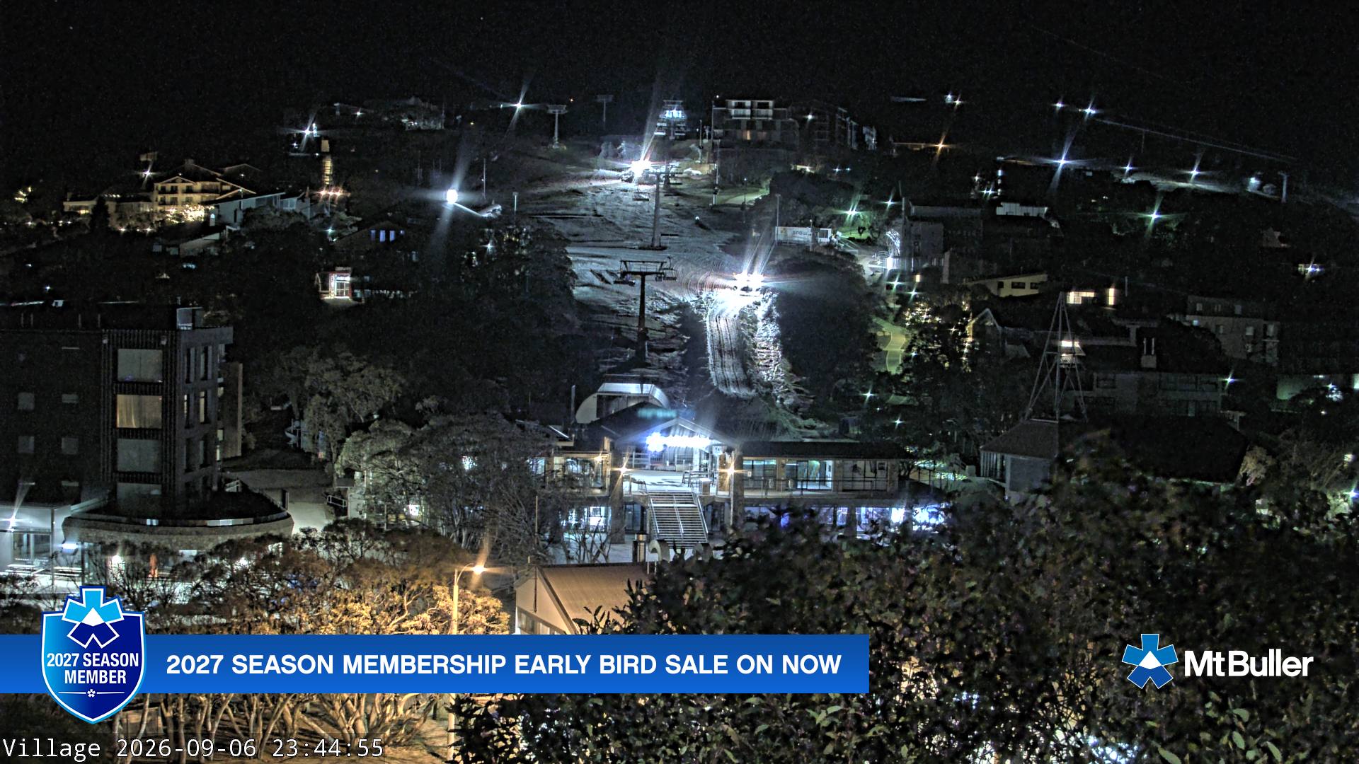 Mt Buller Village snow cam captured at 6 September 2026 at 11:49 pm AEST