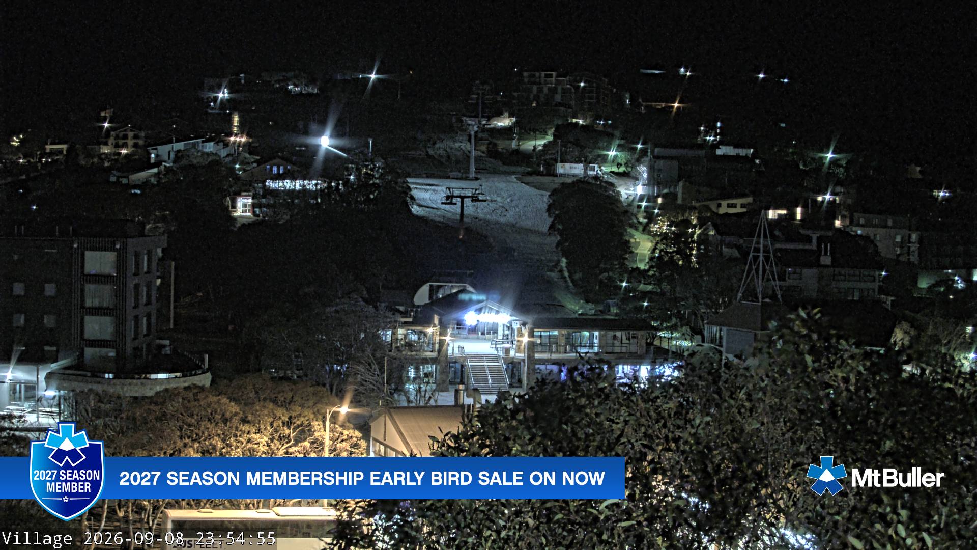 Mt Buller Village snow cam captured at 8 September 2026 at 11:59 pm AEST