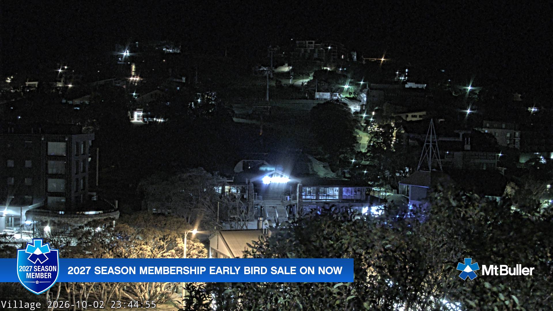 Mt Buller Village snow cam captured at 2 October 2026 at 11:47 pm AEST