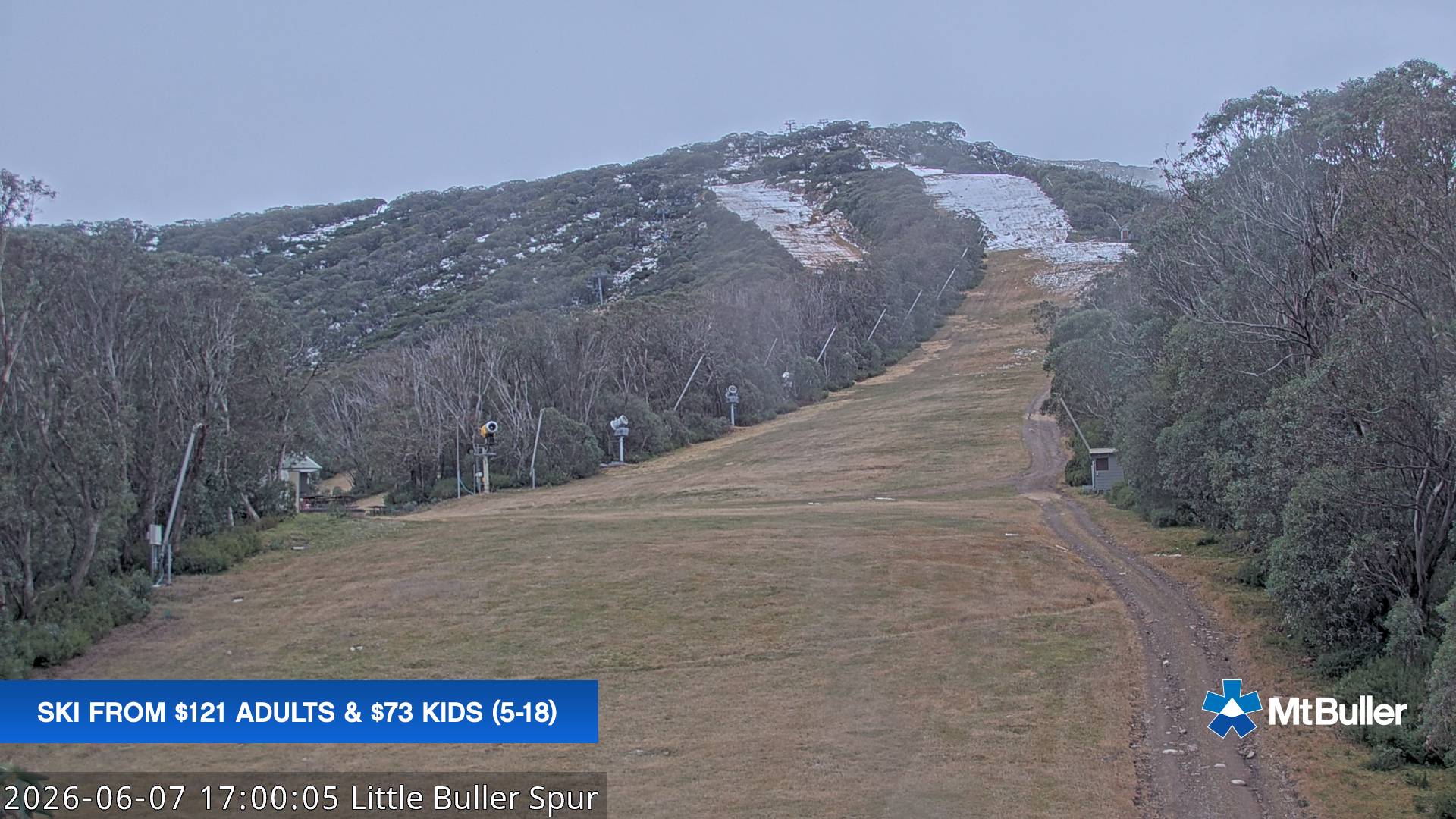 Mt Buller Little Buller Spur snow cam captured at 7 June 2026 at 11:05 pm AEST