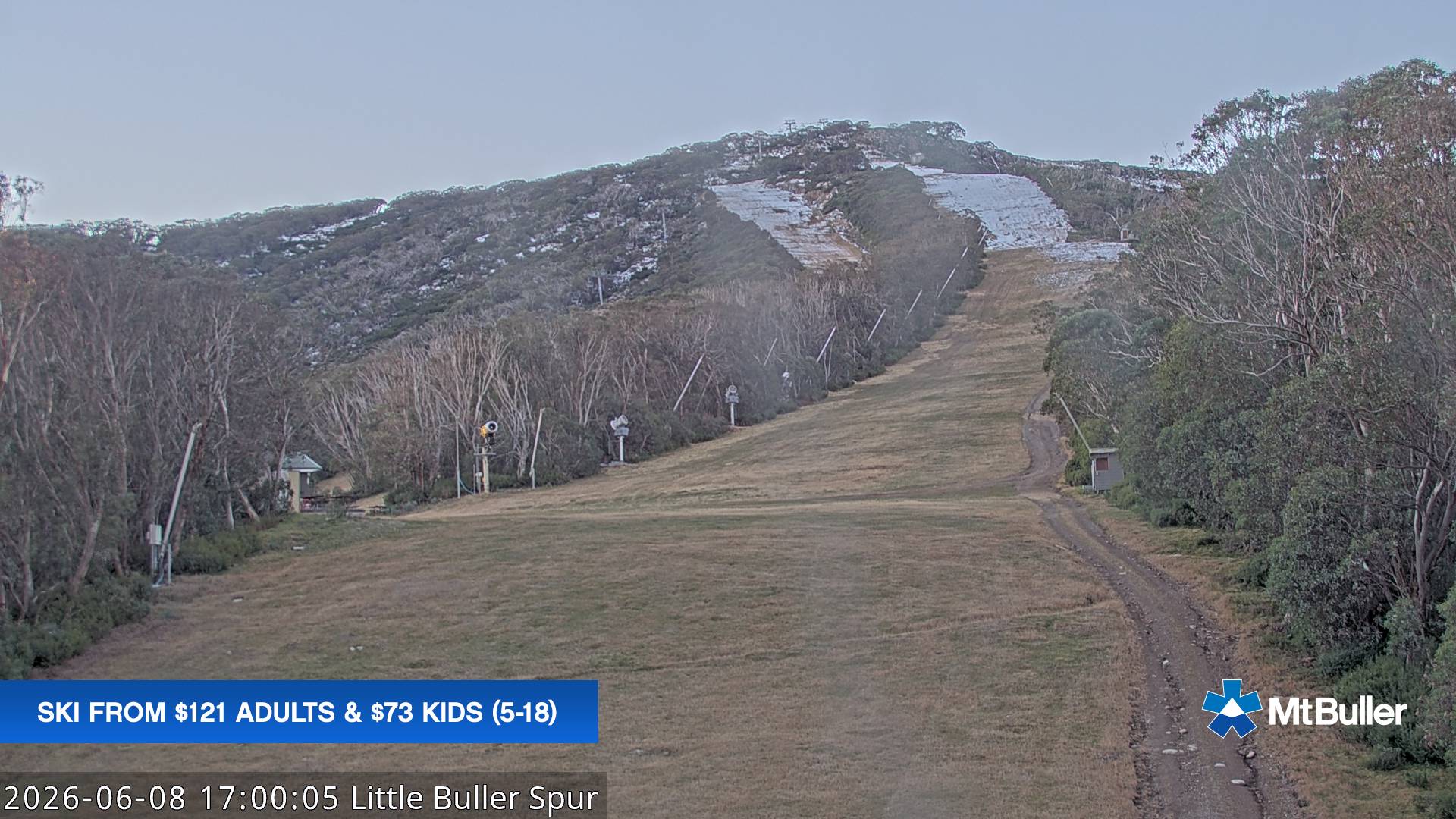Mt Buller Little Buller Spur snow cam captured at 8 June 2026 at 5:04 pm AEST