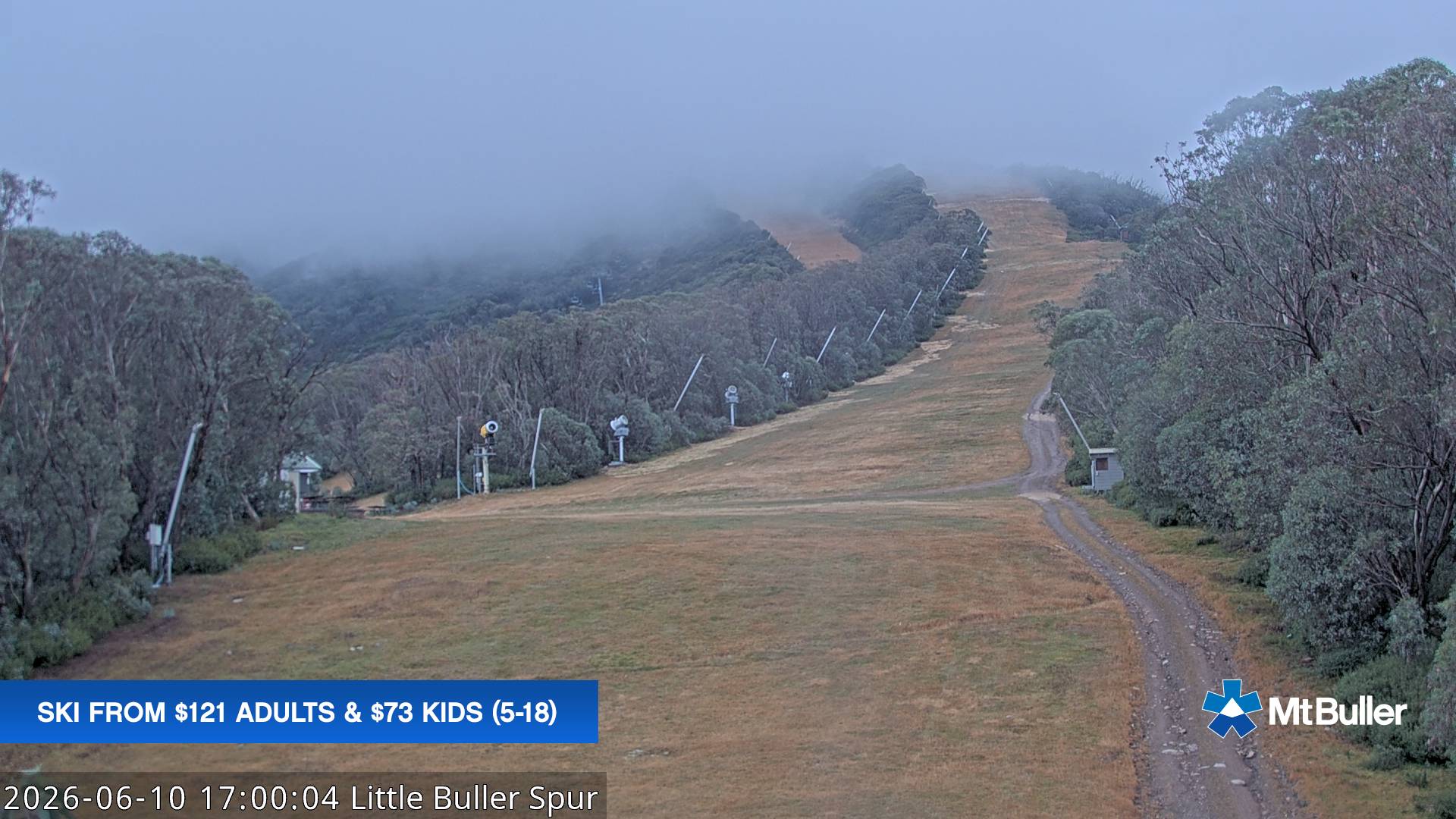 Mt Buller Little Buller Spur snow cam captured at 10 June 2026 at 6:02 pm AEST
