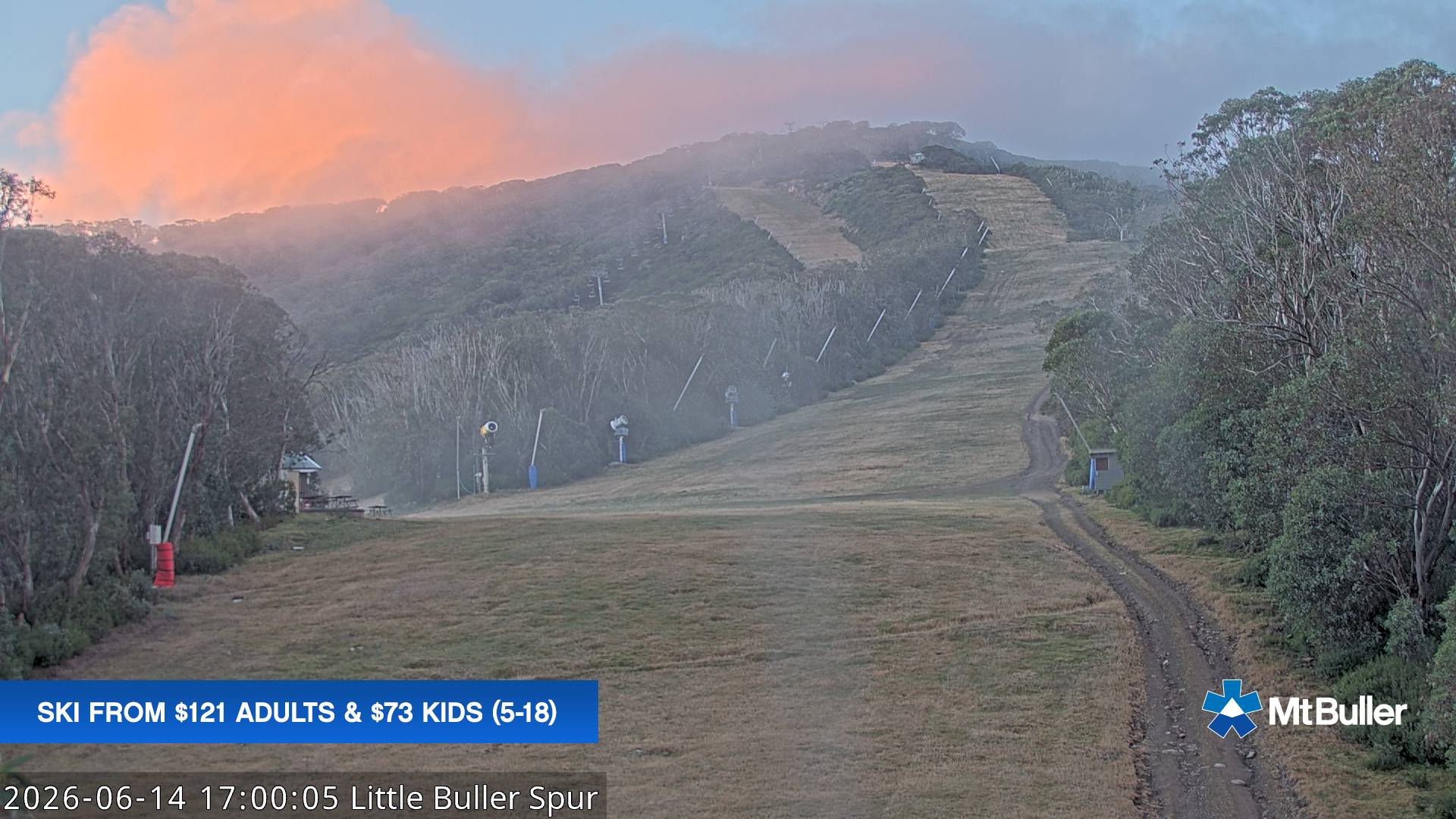 Mt Buller Little Buller Spur snow cam captured at 14 June 2026 at 5:01 pm AEST