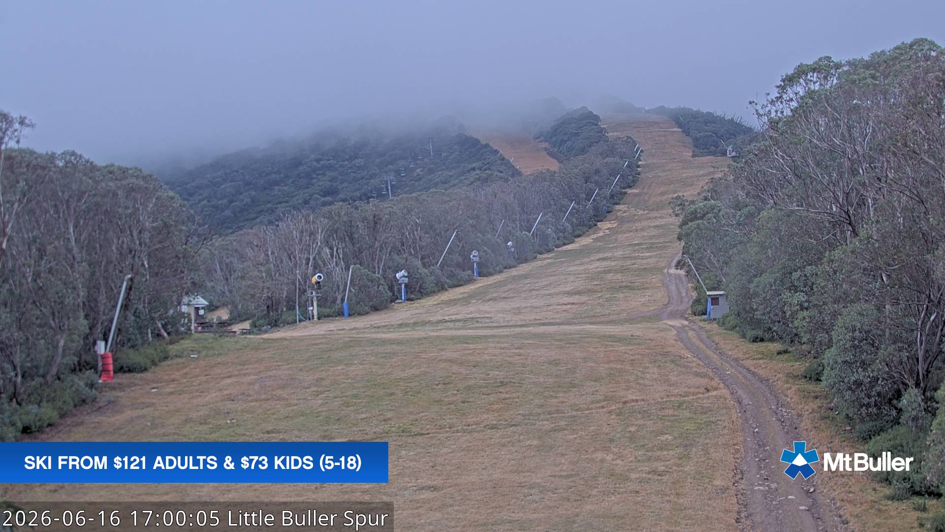 Mt Buller Little Buller Spur snow cam captured at 16 June 2026 at 5:00 pm AEST