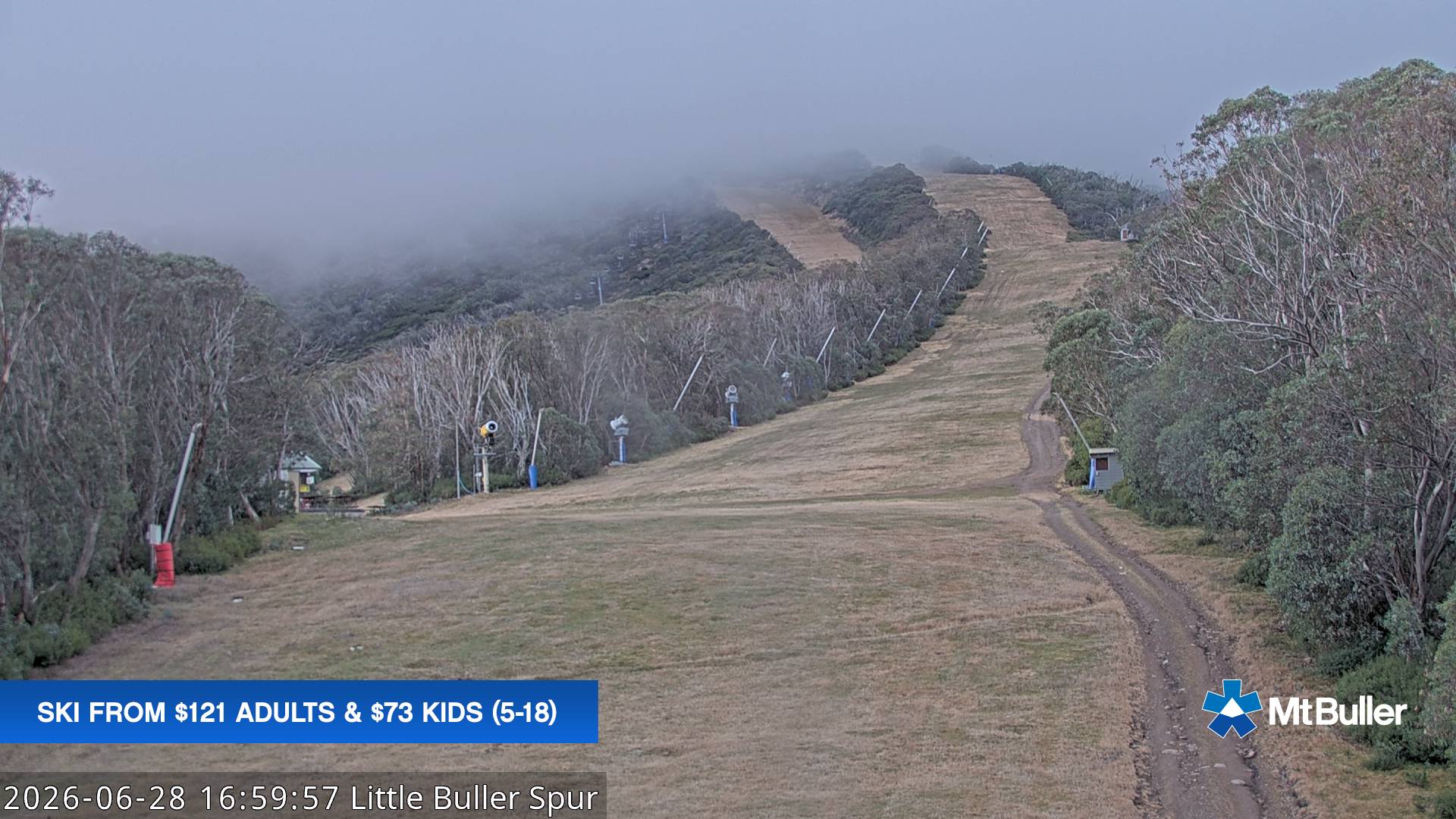 Mt Buller Little Buller Spur snow cam captured at 28 June 2026 at 5:01 pm AEST