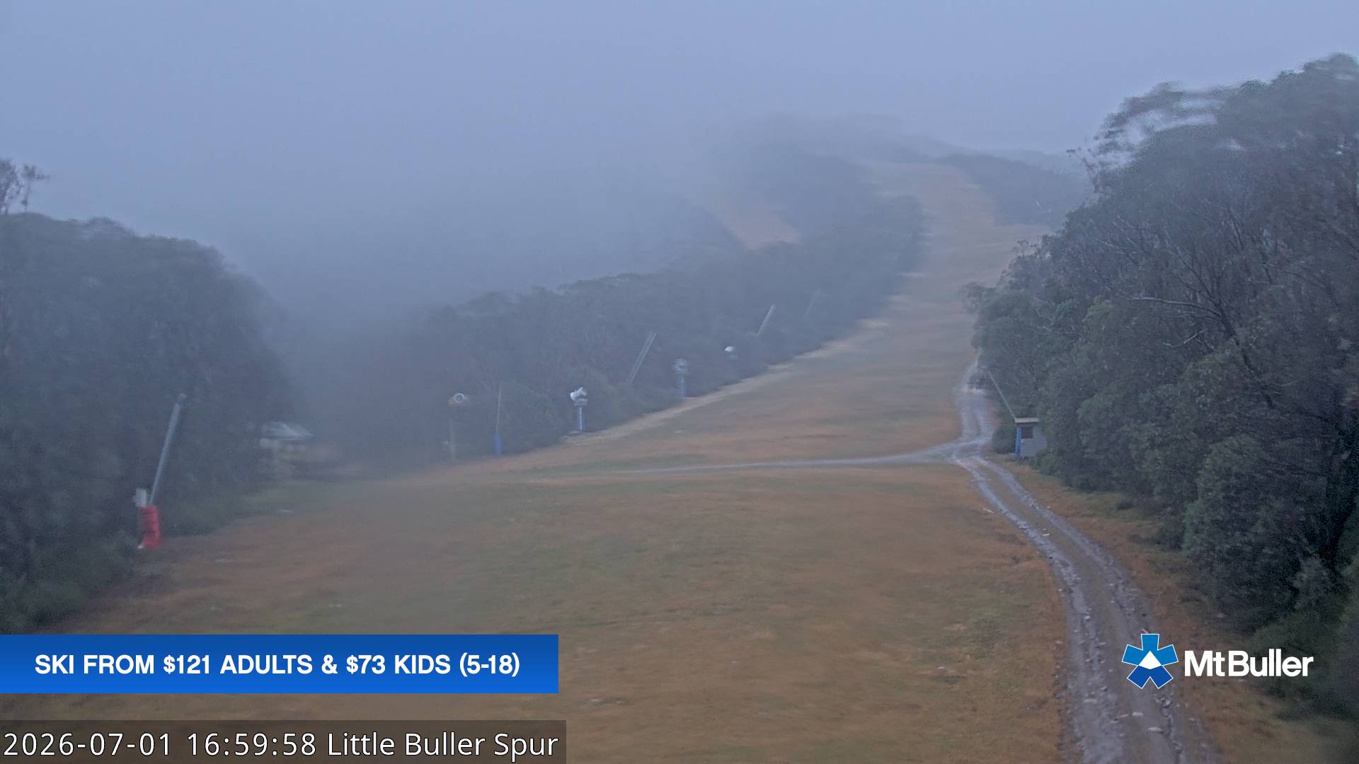 Mt Buller Little Buller Spur snow cam captured at 1 July 2026 at 5:04 pm AEST