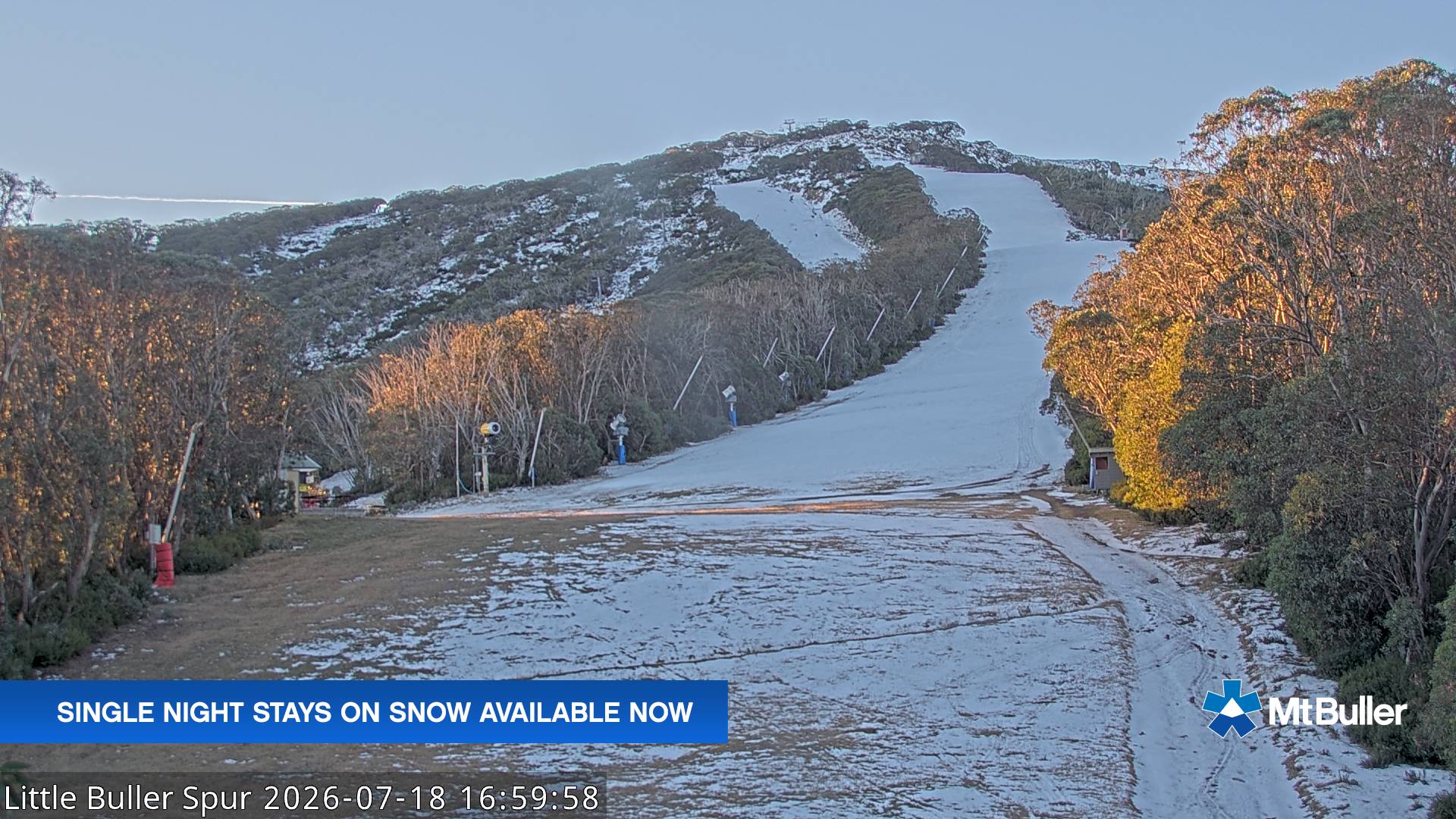 Mt Buller Little Buller Spur snow cam captured at 18 July 2026 at 5:10 pm AEST