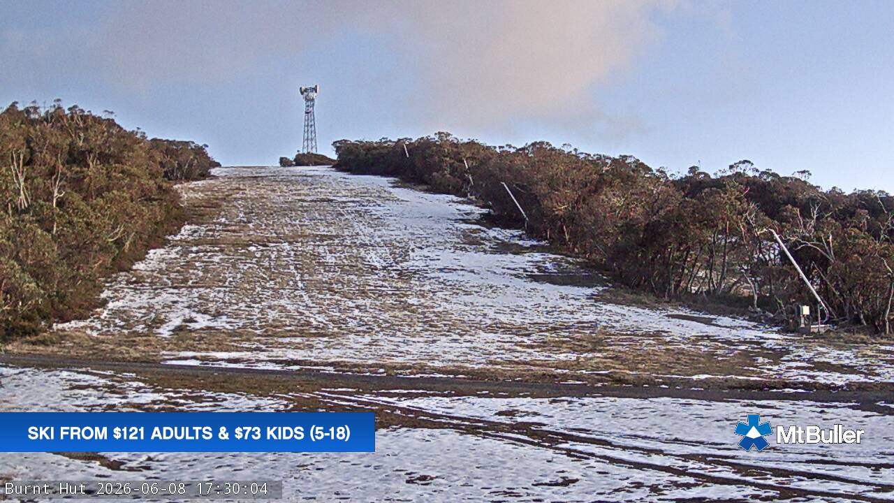 Mt Buller Burnt Hut snow cam captured at 8 June 2026 at 5:34 pm AEST