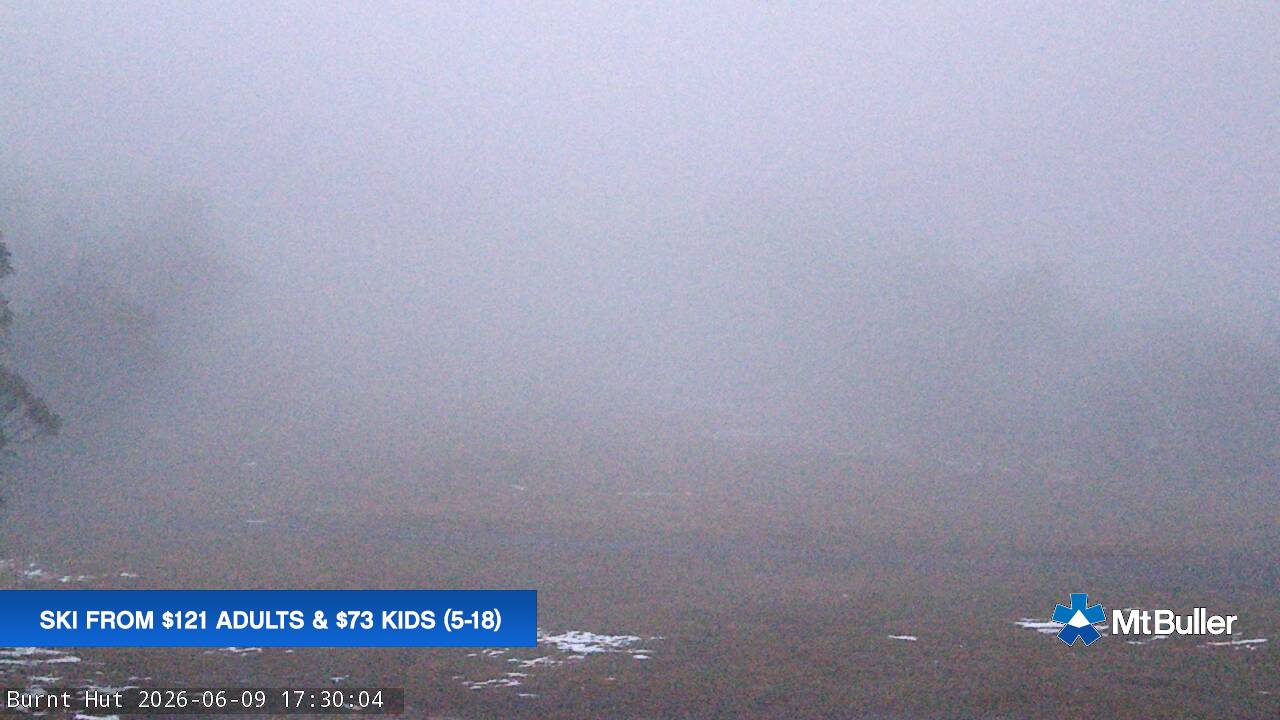 Mt Buller Burnt Hut snow cam captured at 9 June 2026 at 5:34 pm AEST