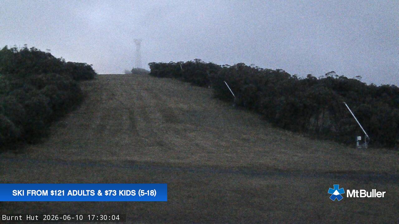 Mt Buller Burnt Hut snow cam captured at 10 June 2026 at 6:02 pm AEST