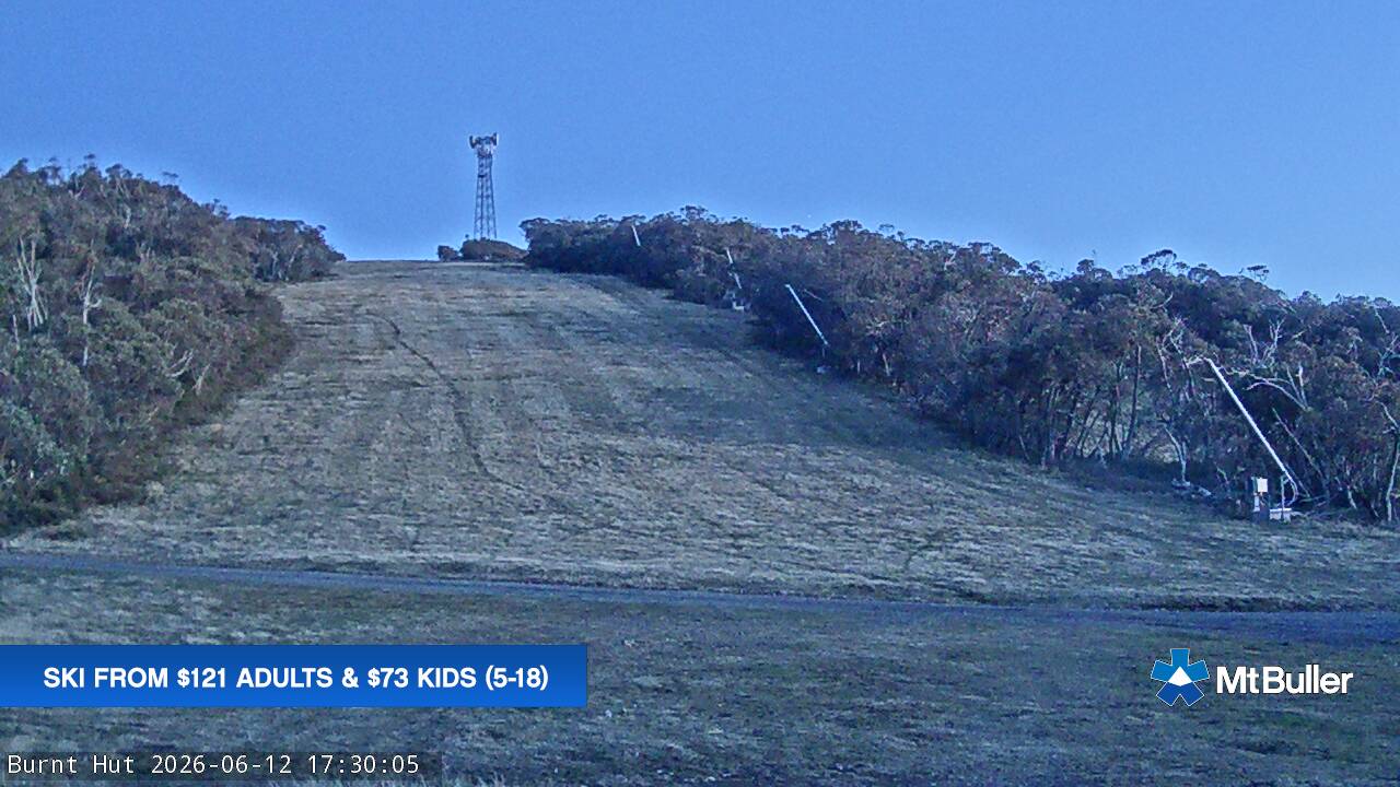 Mt Buller Burnt Hut snow cam captured at 12 June 2026 at 5:32 pm AEST