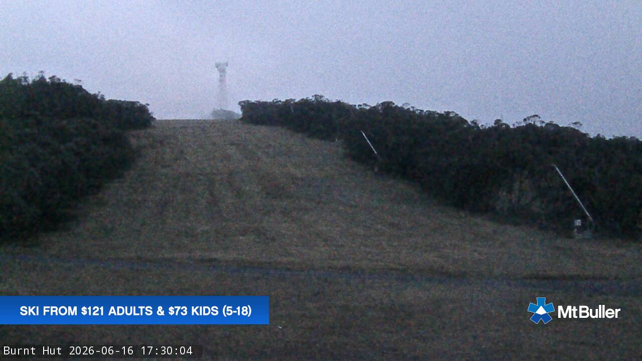 Mt Buller Burnt Hut snow cam captured at 16 June 2026 at 5:36 pm AEST