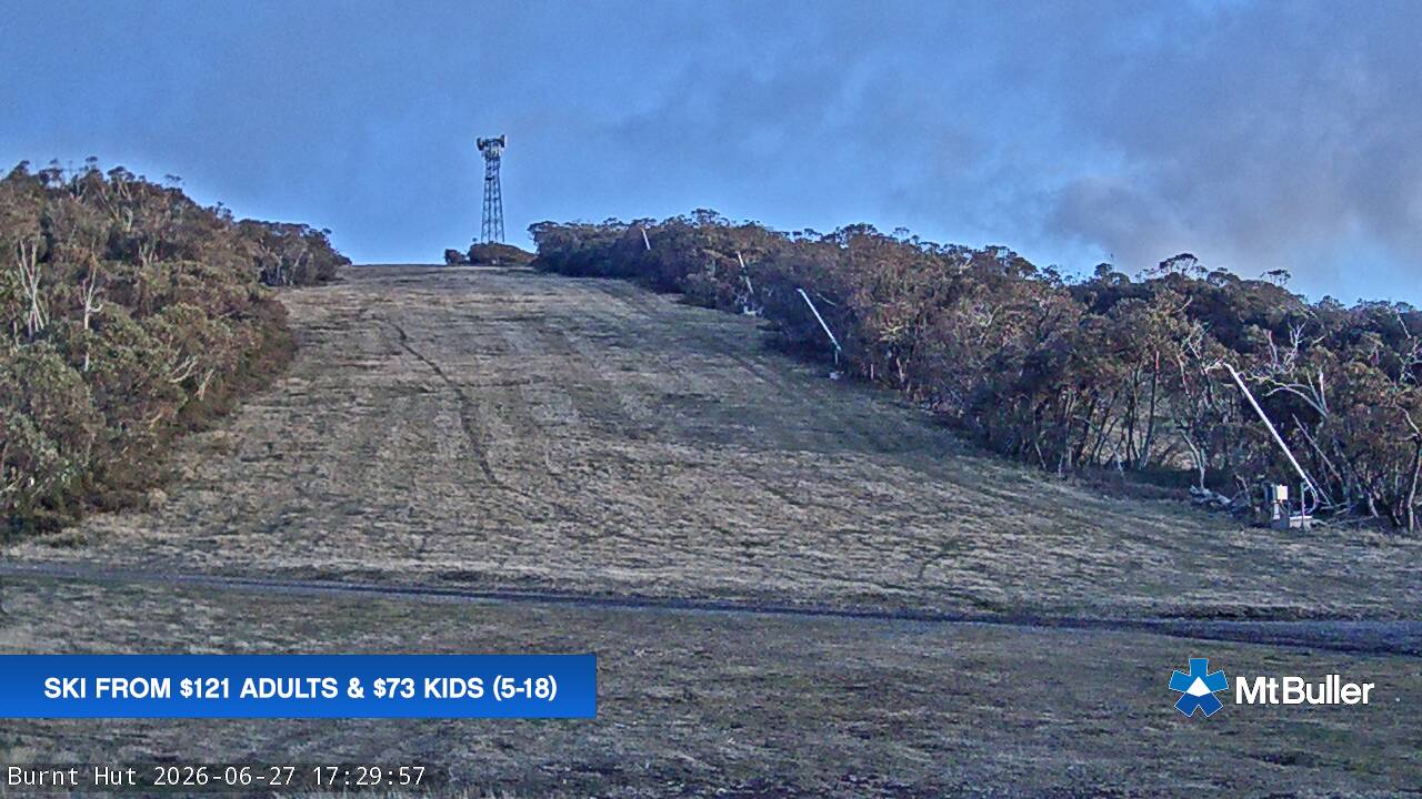 Mt Buller Burnt Hut snow cam captured at 27 June 2026 at 11:55 pm AEST