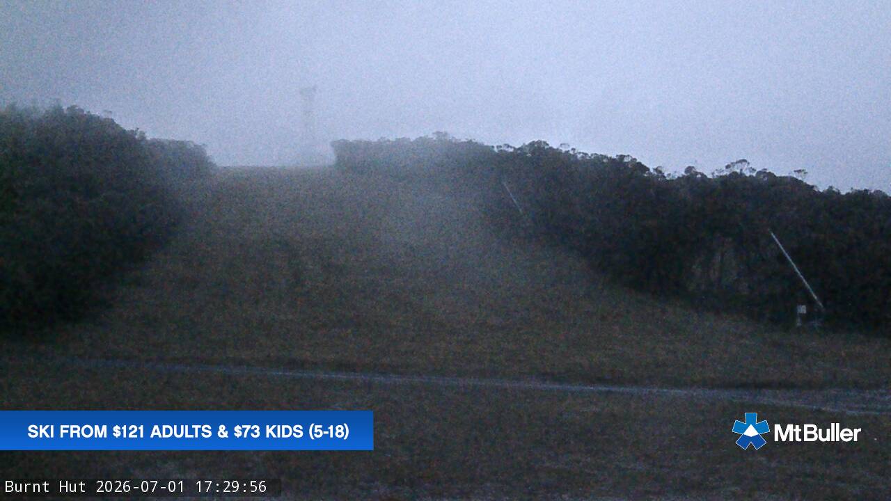 Mt Buller Burnt Hut snow cam captured at 1 July 2026 at 5:34 pm AEST