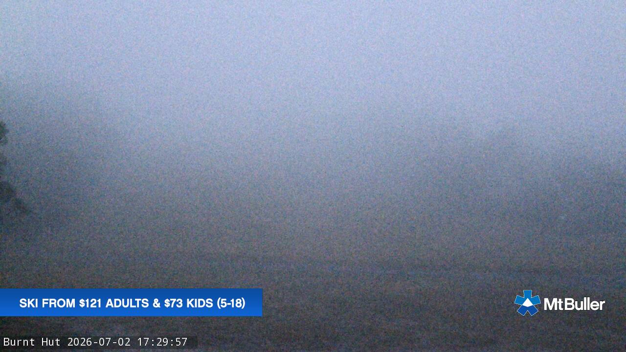Mt Buller Burnt Hut snow cam captured at 2 July 2026 at 5:38 pm AEST