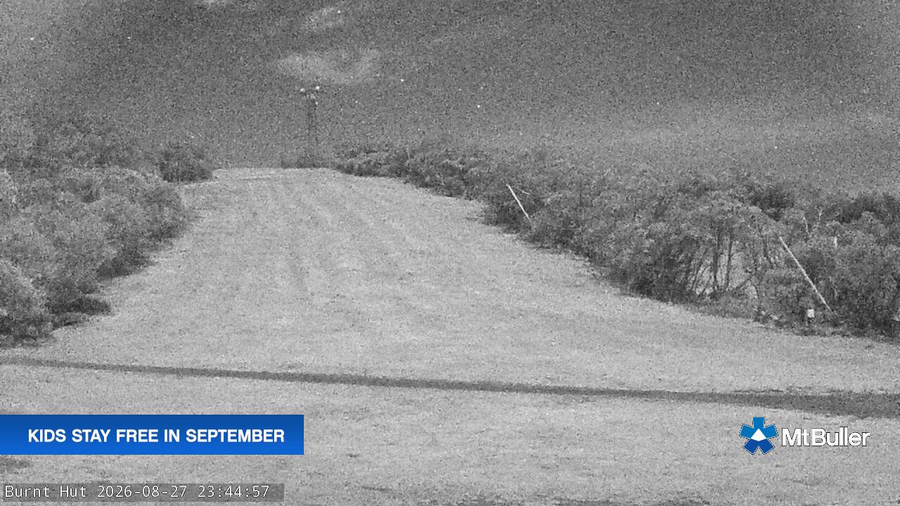 Mt Buller Burnt Hut snow cam captured at 27 August 2026 at 11:49 pm AEST