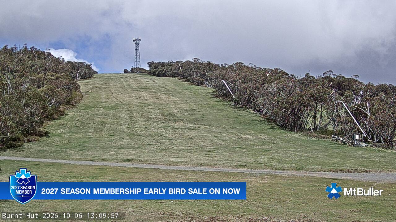 Mt Buller Burnt Hut snow cam captured at 6 October 2026 at 1:10 pm AEDT
